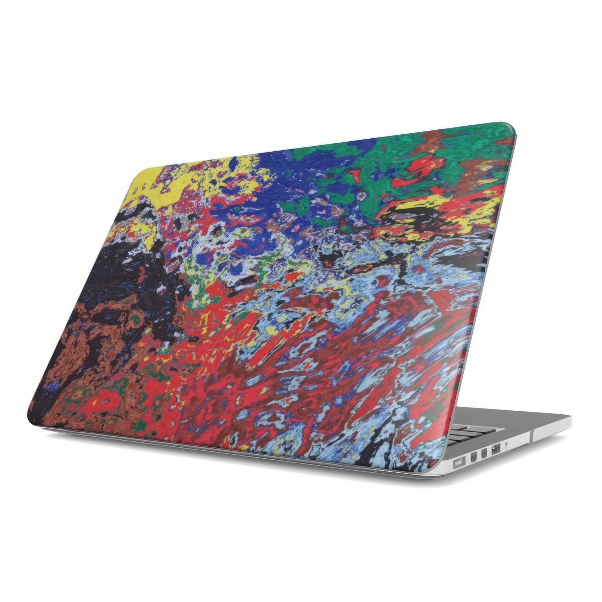 MacBook case with a bold vivid pattern Graffiti Pulse abstract and artistic style, featuring an elegant and expressive aesthetic design. Main colors are red, blue, black and yellow. Side view.