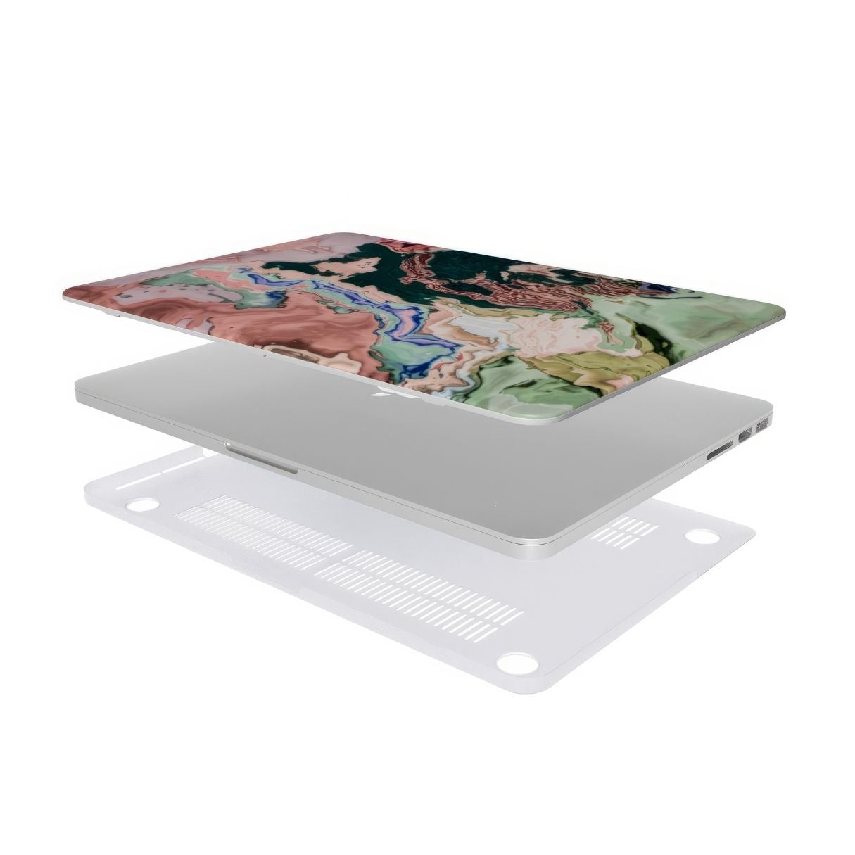 MacBook case with a bold vivid pattern Green Not Grass abstract and artistic style, featuring an elegant and expressive aesthetic design. Main colors are green and pink hues. Extend view.