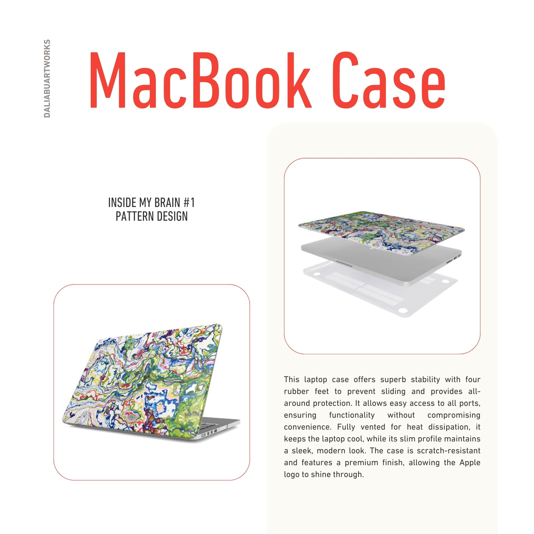 MacBook case front side view; Inside My Brain 1 pattern, artistic, abstract marble pattern. Mix color combination. Description about laptop case ventilation features.
