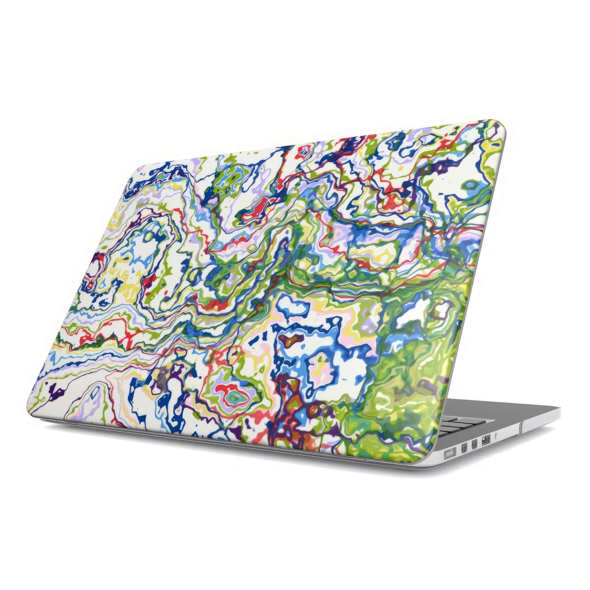 MacBook case front side view; Inside My Brain 1 pattern, artistic, abstract marble pattern. Mix color combination. Bold expressive aesthetic design. Colorful and interior fit.