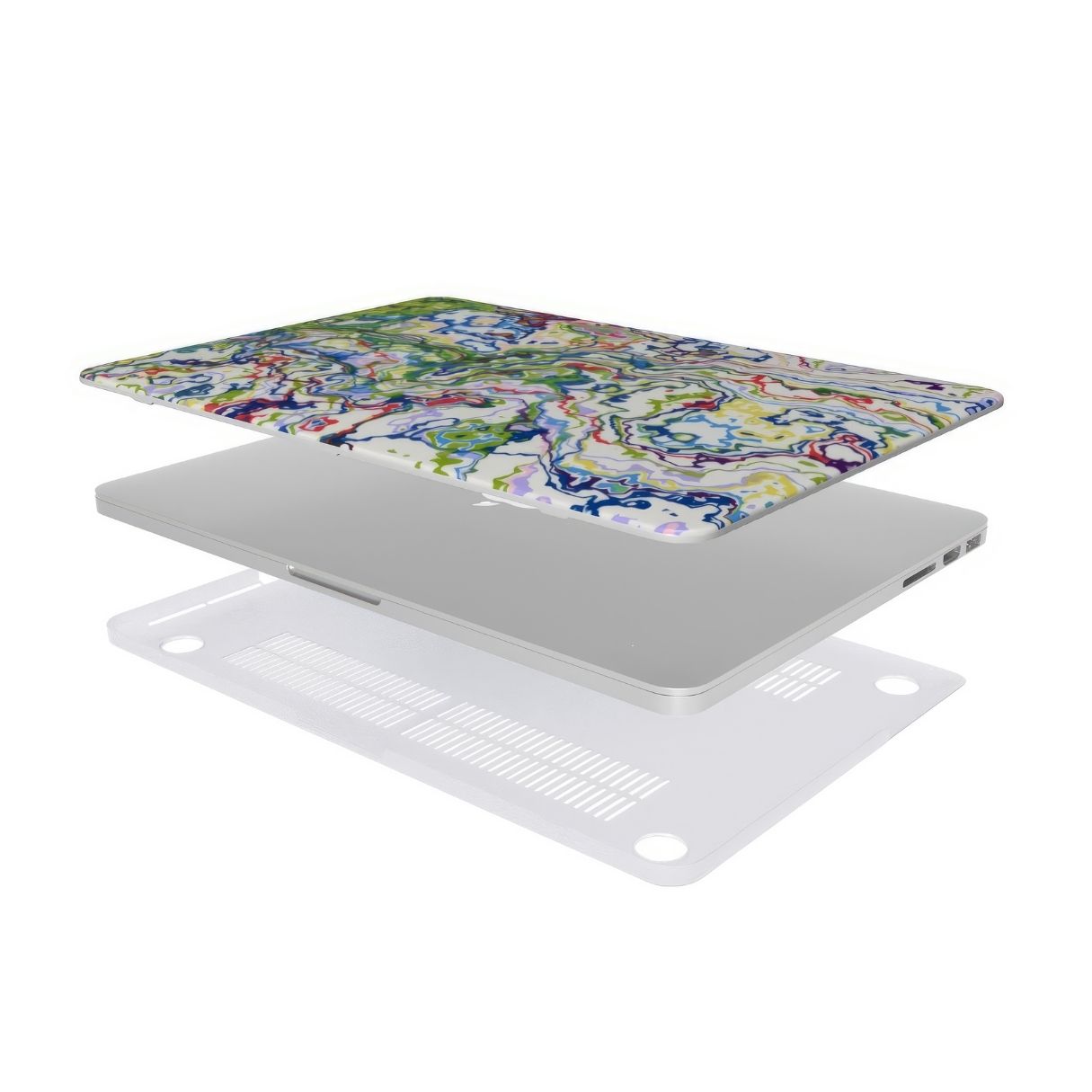 MacBook case front extend view; Inside My Brain pattern, artistic, abstract marble pattern. Mix color combination. Bold expressive aesthetic design. Colorful and interior fit.