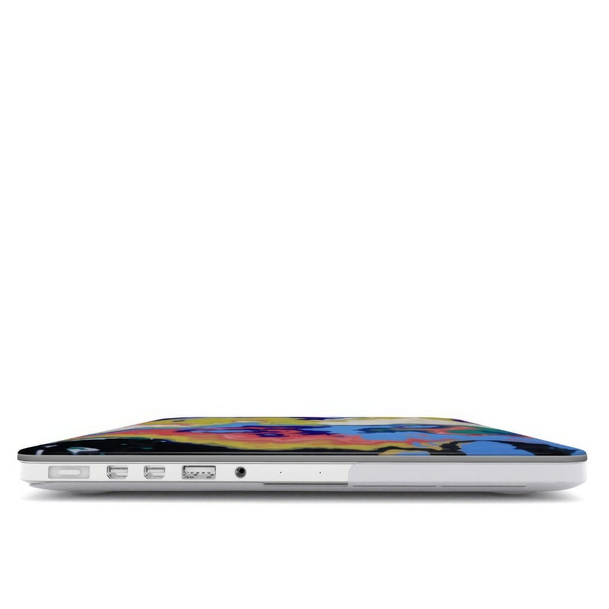 MacBook case closed view; Jamaica pattern, artistic, abstract marble pattern. Dark blue, yellow and white color combination. Bold expressive aesthetic design. Colorful and interior fit.