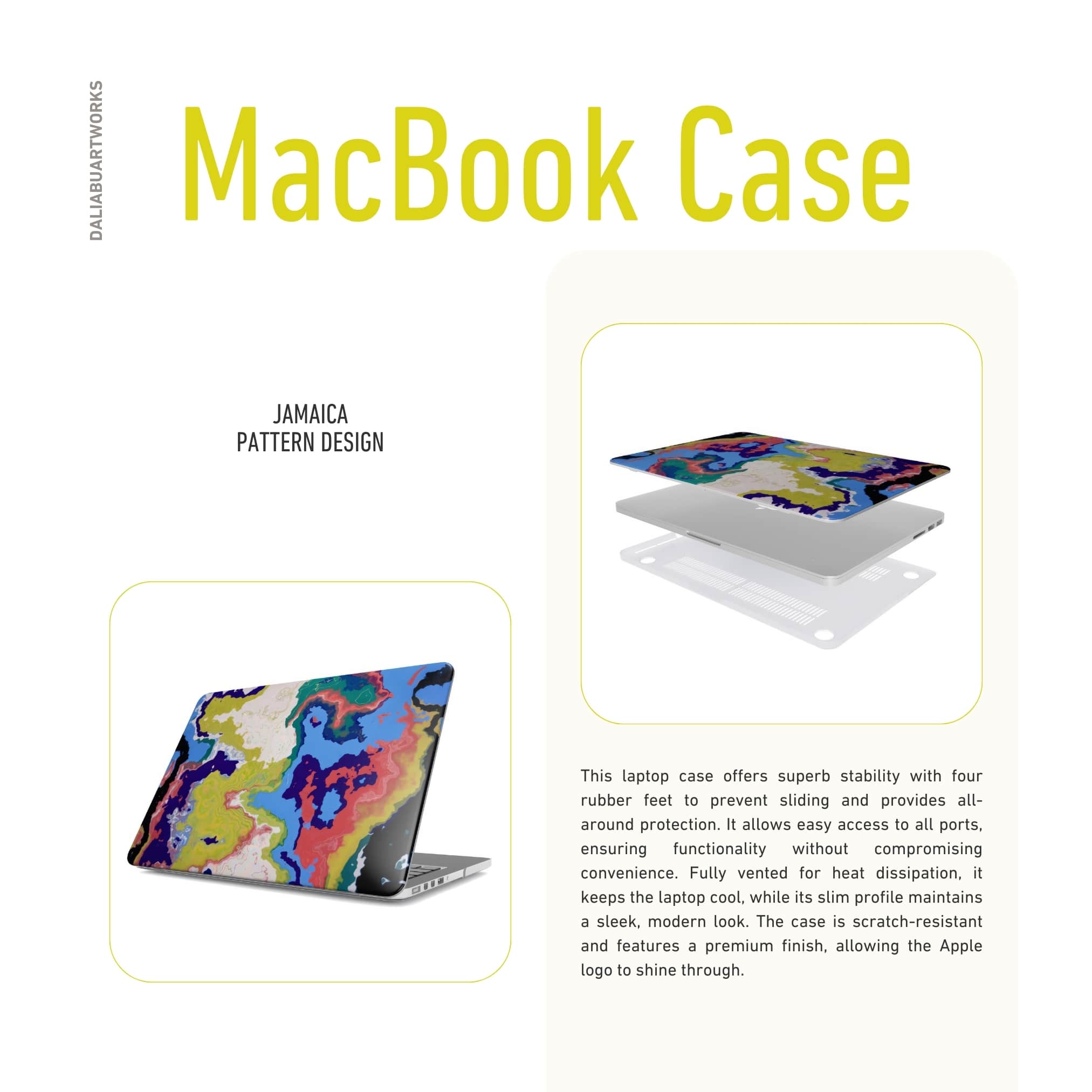 MacBook case side view; Jamaica pattern, artistic, abstract marble pattern. Dark blue, yellow and white color combination. Details of ventilation features of laptop cover.