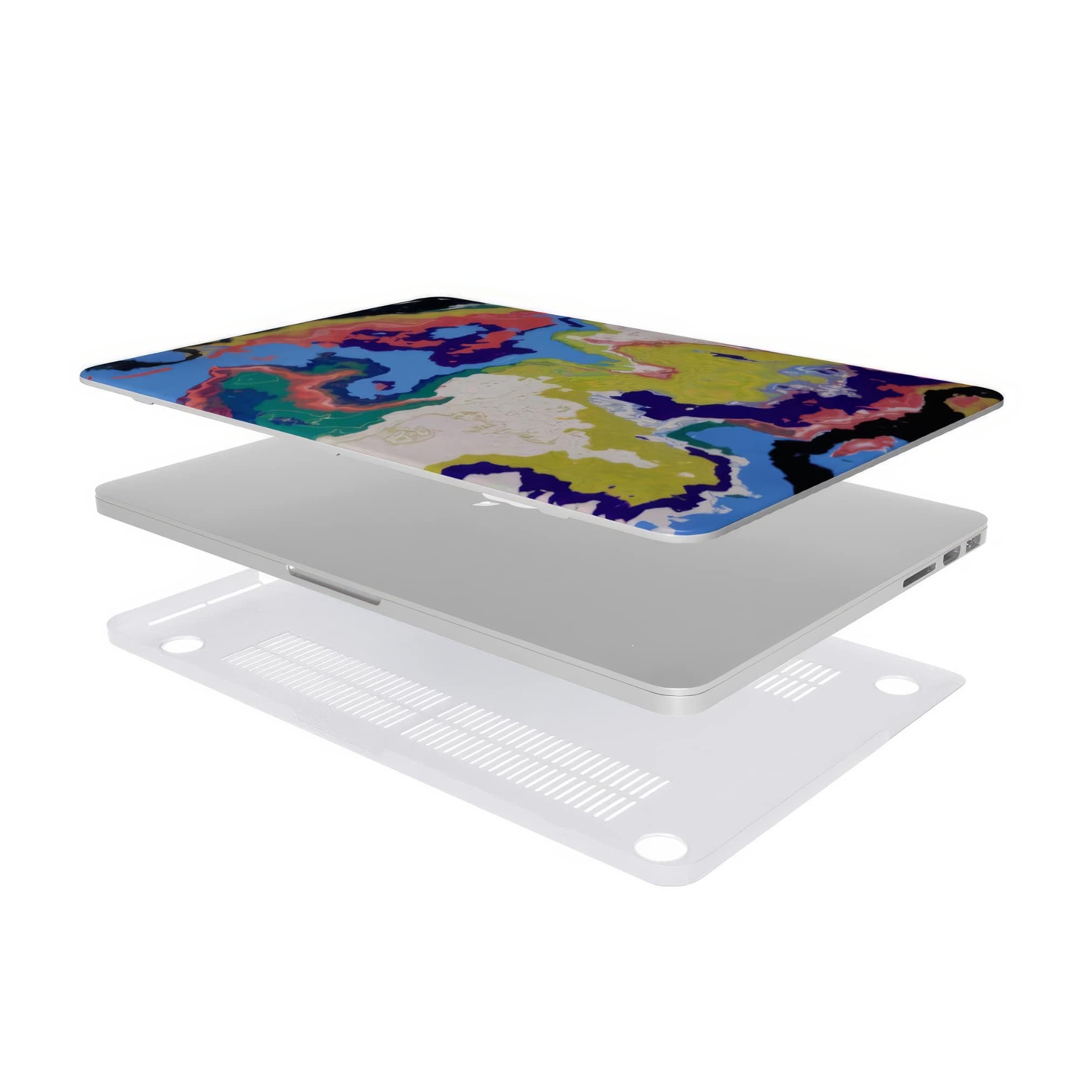 MacBook case extend view; Jamaica pattern, artistic, abstract marble pattern. Dark blue, yellow and white color combination.