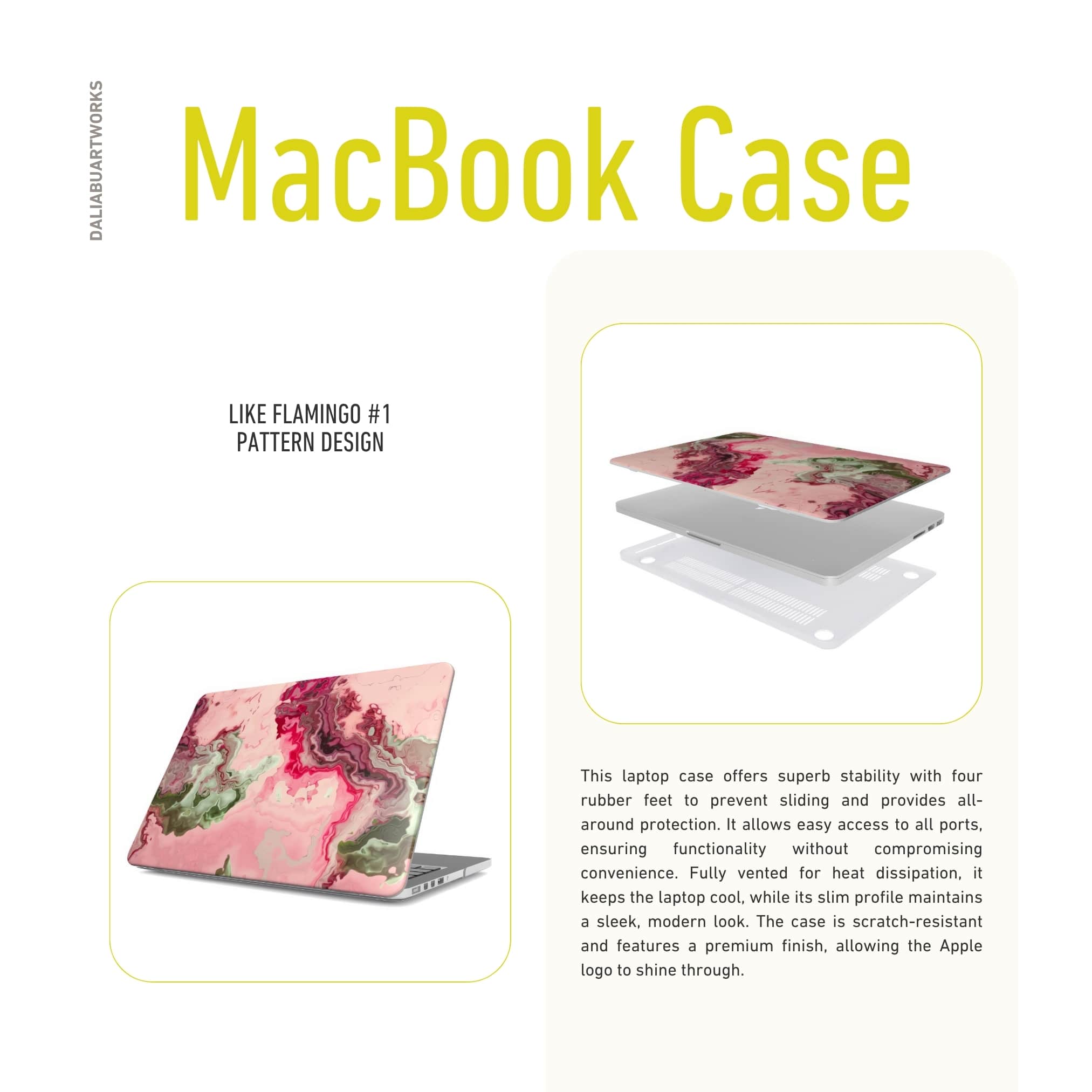MacBook case with a bold vivid pattern Like Flamingo 1 in marble abstract and artistic style, featuring an elegant and expressive aesthetic design. Main colors are pink and green. Description.