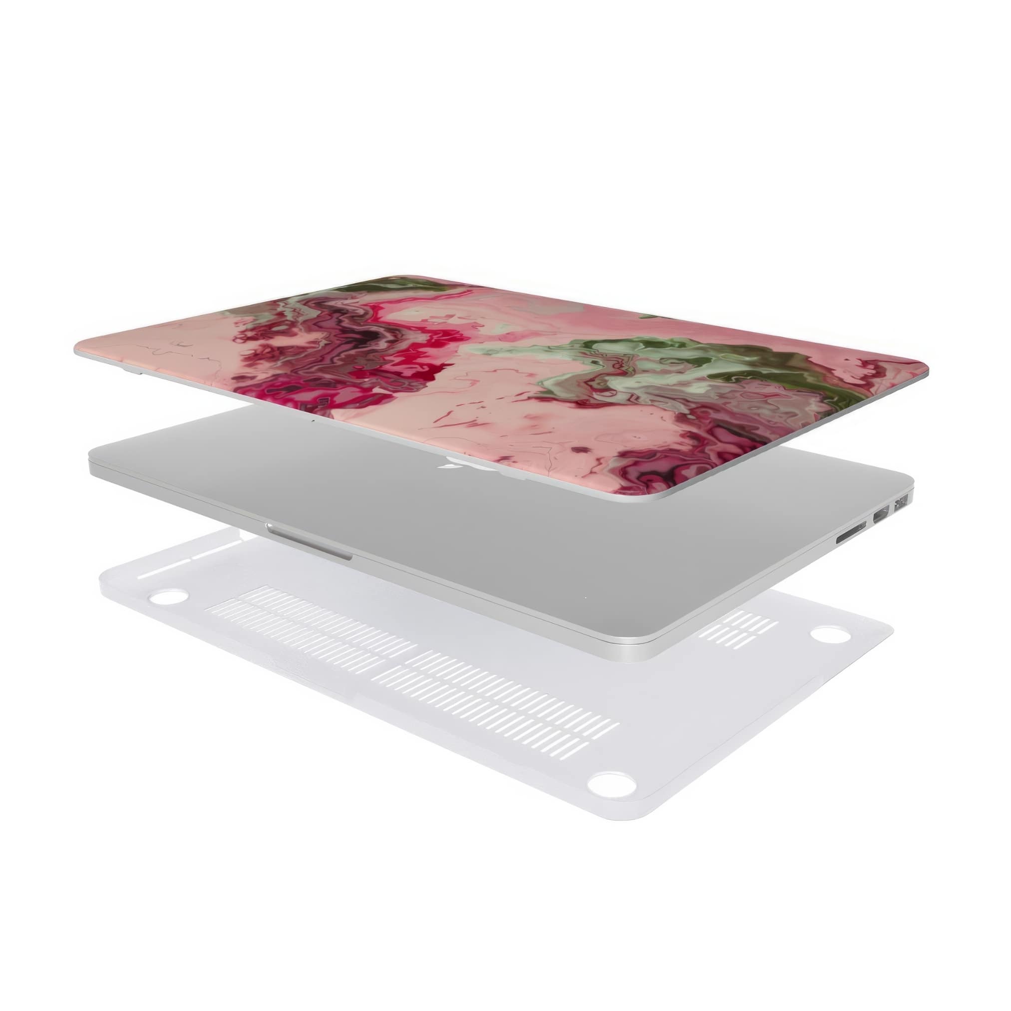 MacBook case with a bold vivid pattern Like Flamingo 1 in marble abstract and artistic style, featuring an elegant and expressive aesthetic design. Main colors are pink and green. Extend view.