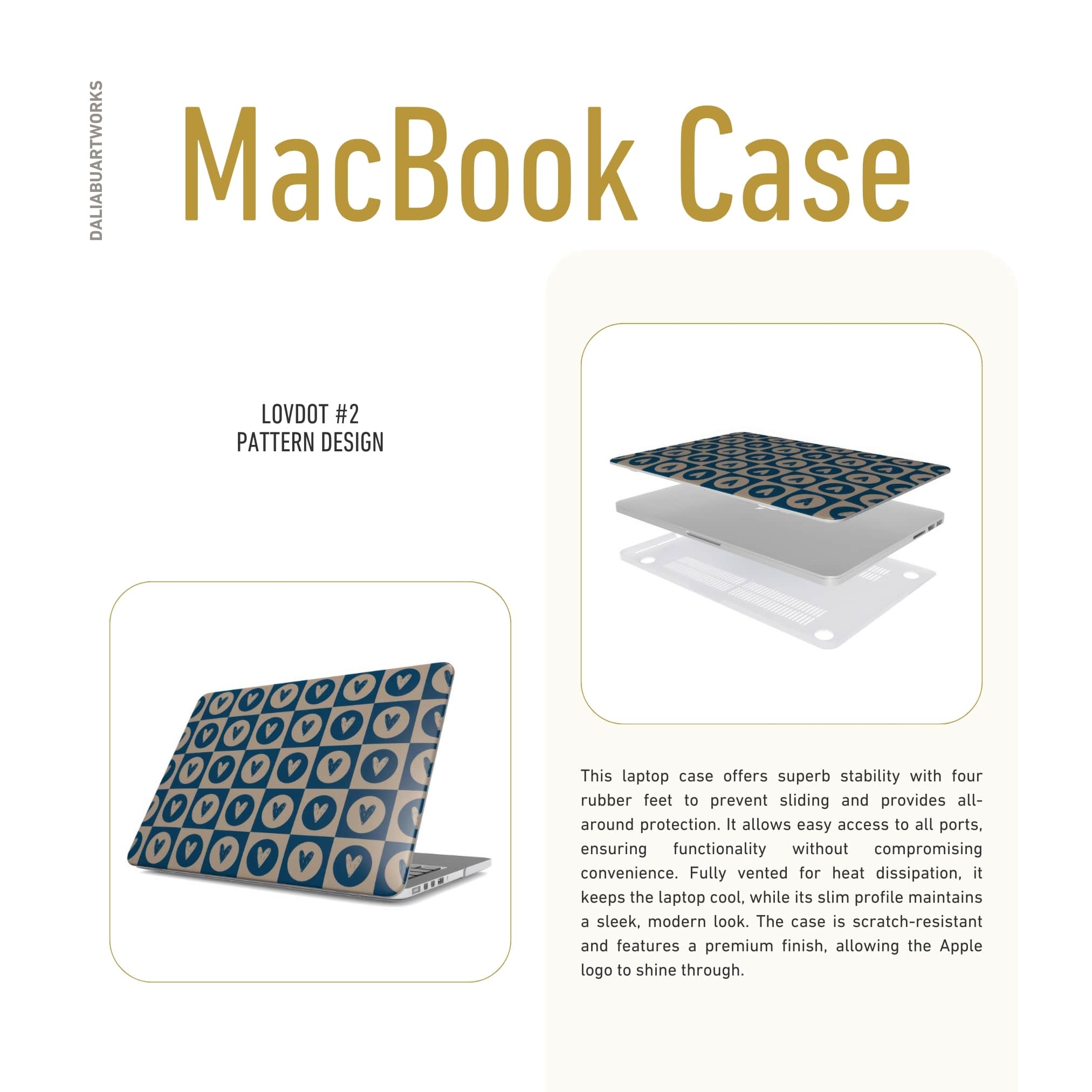 MacBook case LovDot 2 pattern design with a dynamic geometric symmetry in heart and dot style, featuring an elegant and expressive aesthetic design. Main colors are steel blue and light brown. Benefits about laptop case ventilation.