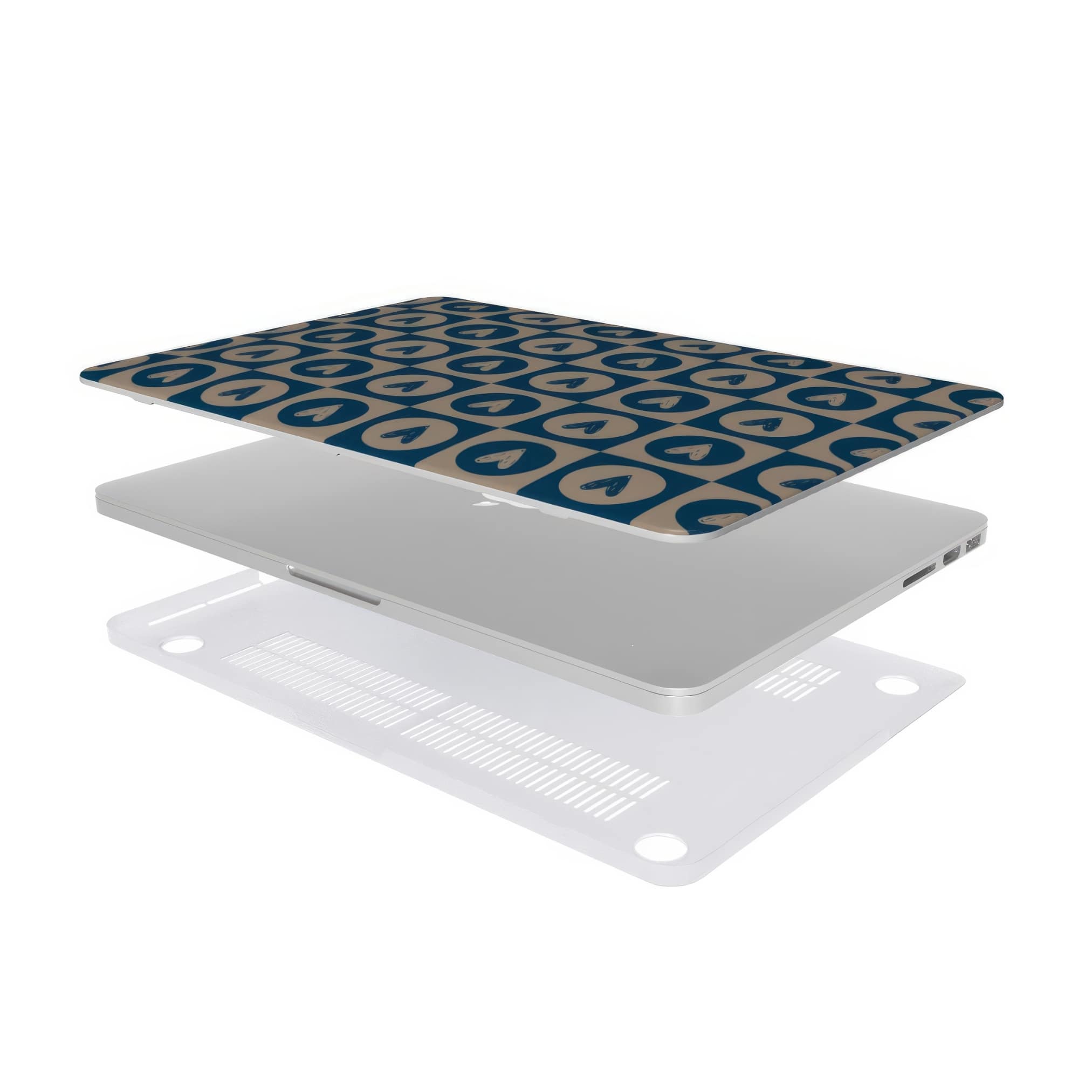 MacBook case LovDot 2 pattern design with a dynamic geometric symmetry in heart and dot style, featuring an elegant and expressive aesthetic design. Main colors are steel blue and light brown. Extend view.