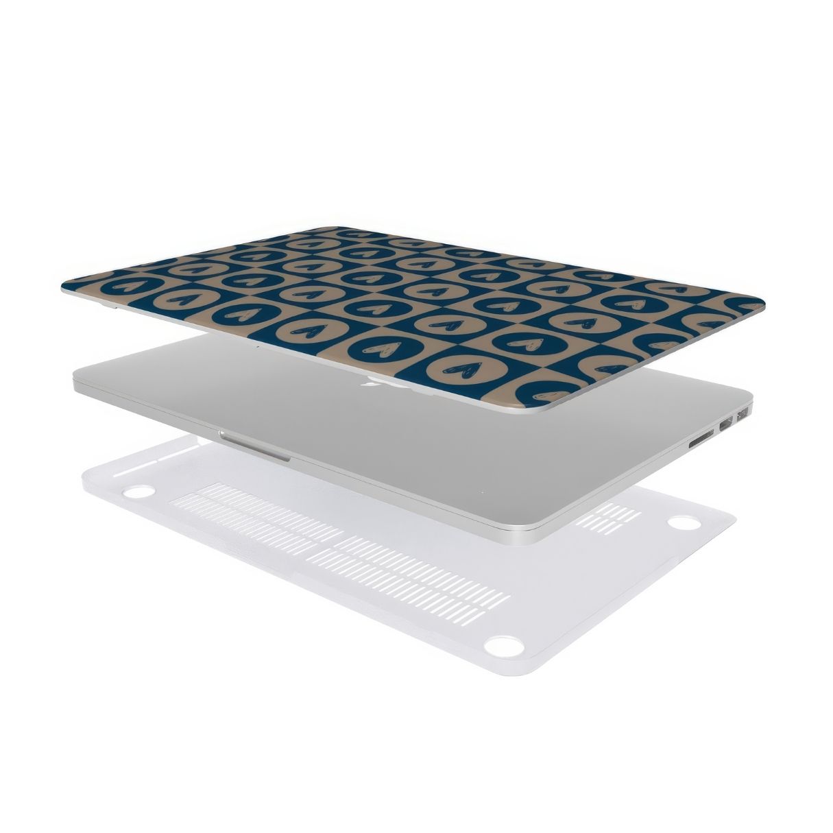 MacBook case LovDot Blue pattern design with a dynamic geometric symmetry in heart and dot style, featuring an elegant and expressive aesthetic design. Main colors are steel blue and light brown. Extend view.