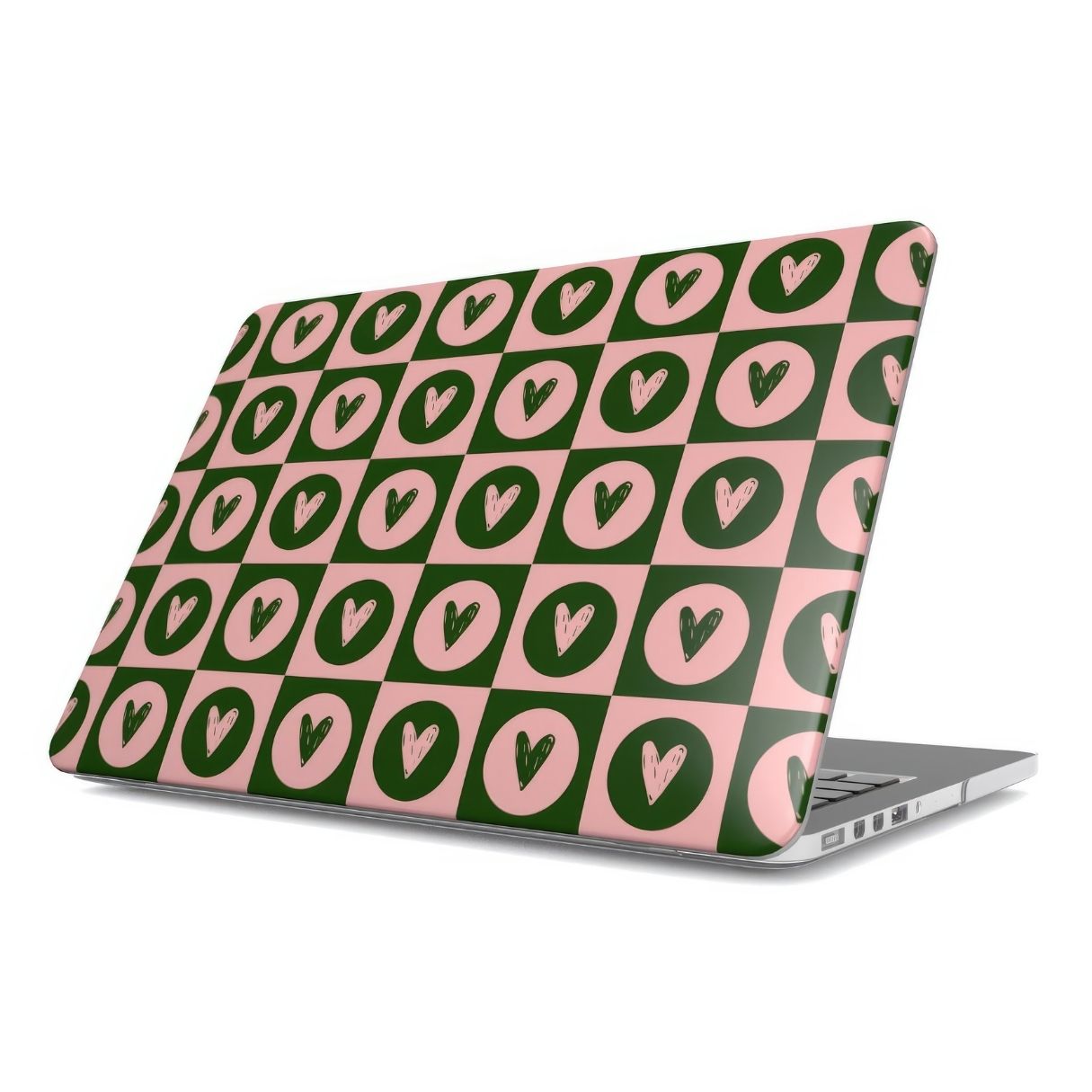 MacBook case LovDot Vintage Rose pattern design with a dynamic geometric symmetry in heart and dot style, featuring an elegant and expressive aesthetic design. Main colors are vintage pink and green. Side view.