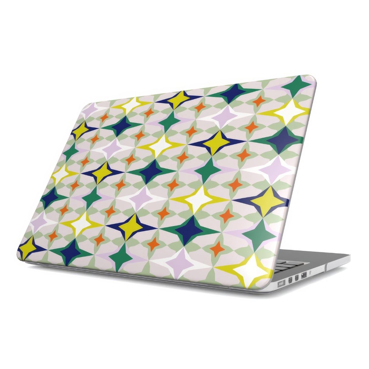 MacBook case Magic Spring pattern design with a dynamic geometric symmetry in geometric style, featuring an elegant and expressive aesthetic design. Main colors are green, yellow, orange red and deep blue. Side view.