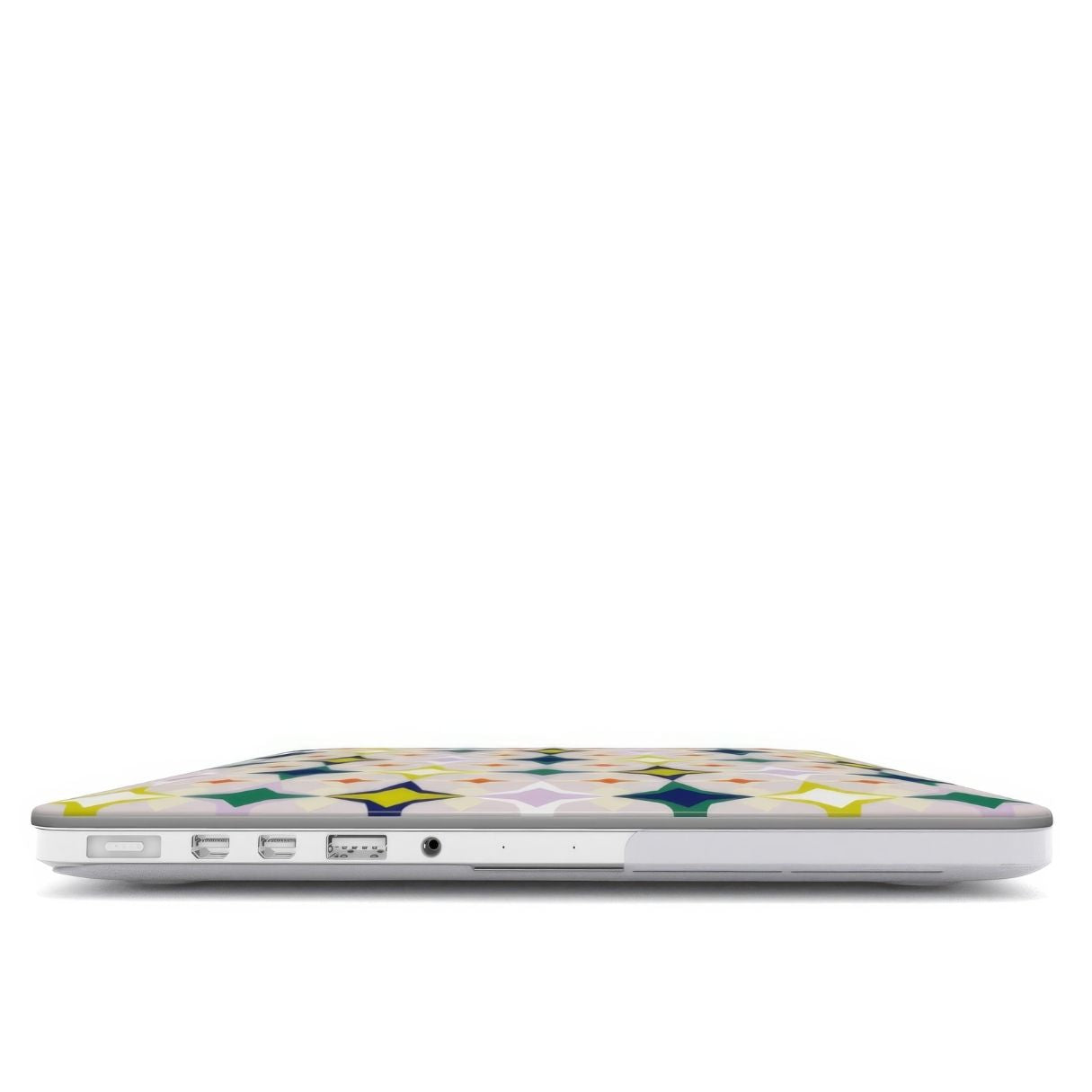 MacBook case Magic Summer pattern design with a dynamic geometric symmetry in geometric style, featuring an elegant and expressive aesthetic design. Main colors are green, yellow, orange red and lilac. Closed view.