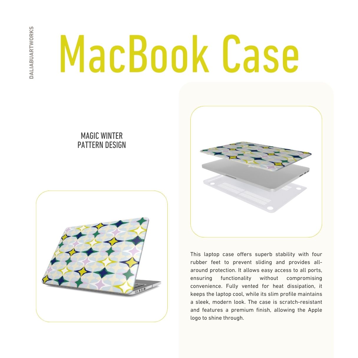 MacBook case Magic Winter pattern design with a dynamic geometric symmetry in geometric style, featuring an elegant and expressive aesthetic design. Main colors are divine blue, yellow, green and deep blue. Decsription.