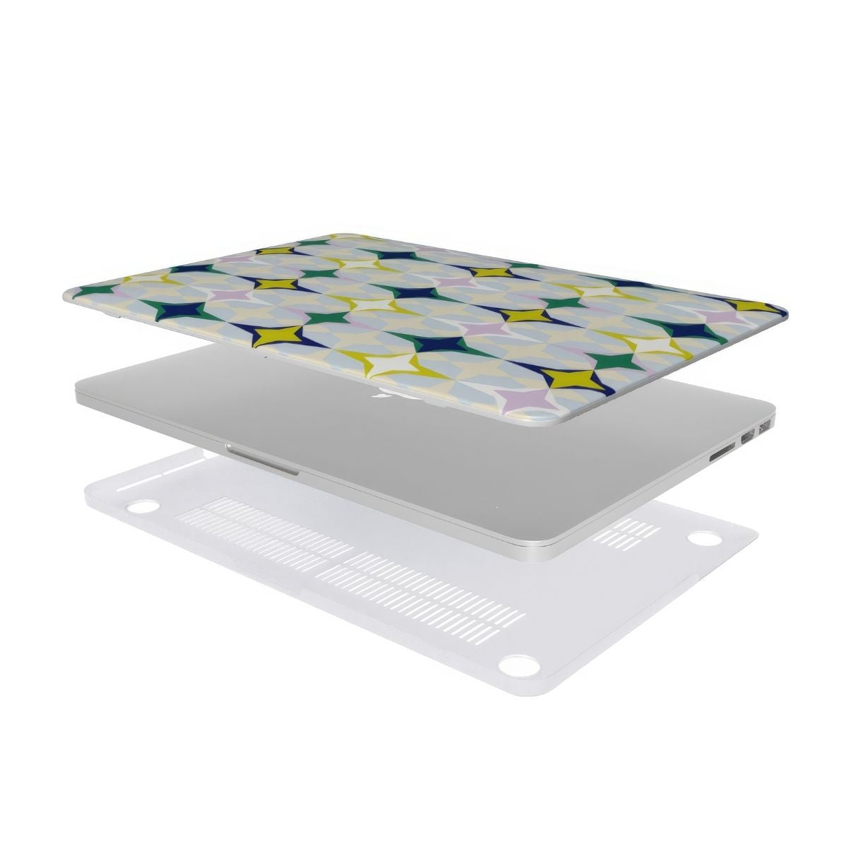 MacBook case Magic Winter pattern design with a dynamic geometric symmetry in geometric style, featuring an elegant and expressive aesthetic design. Main colors are divine blue, yellow, green and deep blue. Extend view.
