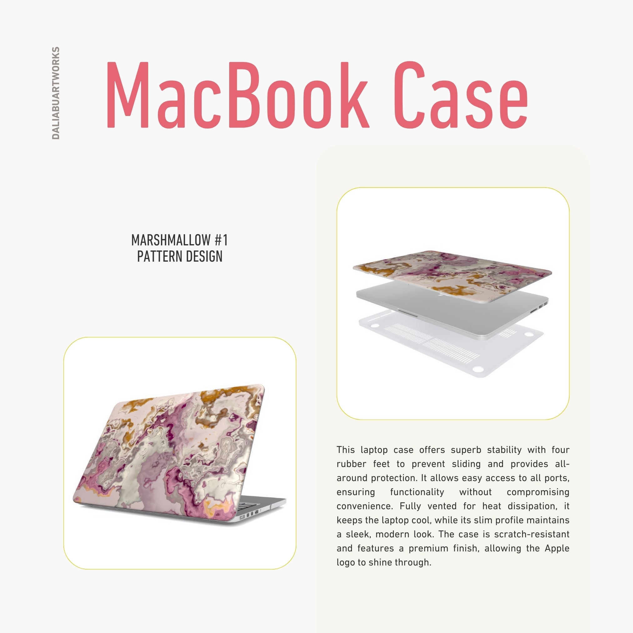 MacBook case side view; Marshmallow 1 pattern, artistic, abstract marble pattern. Pink and beige color combination.