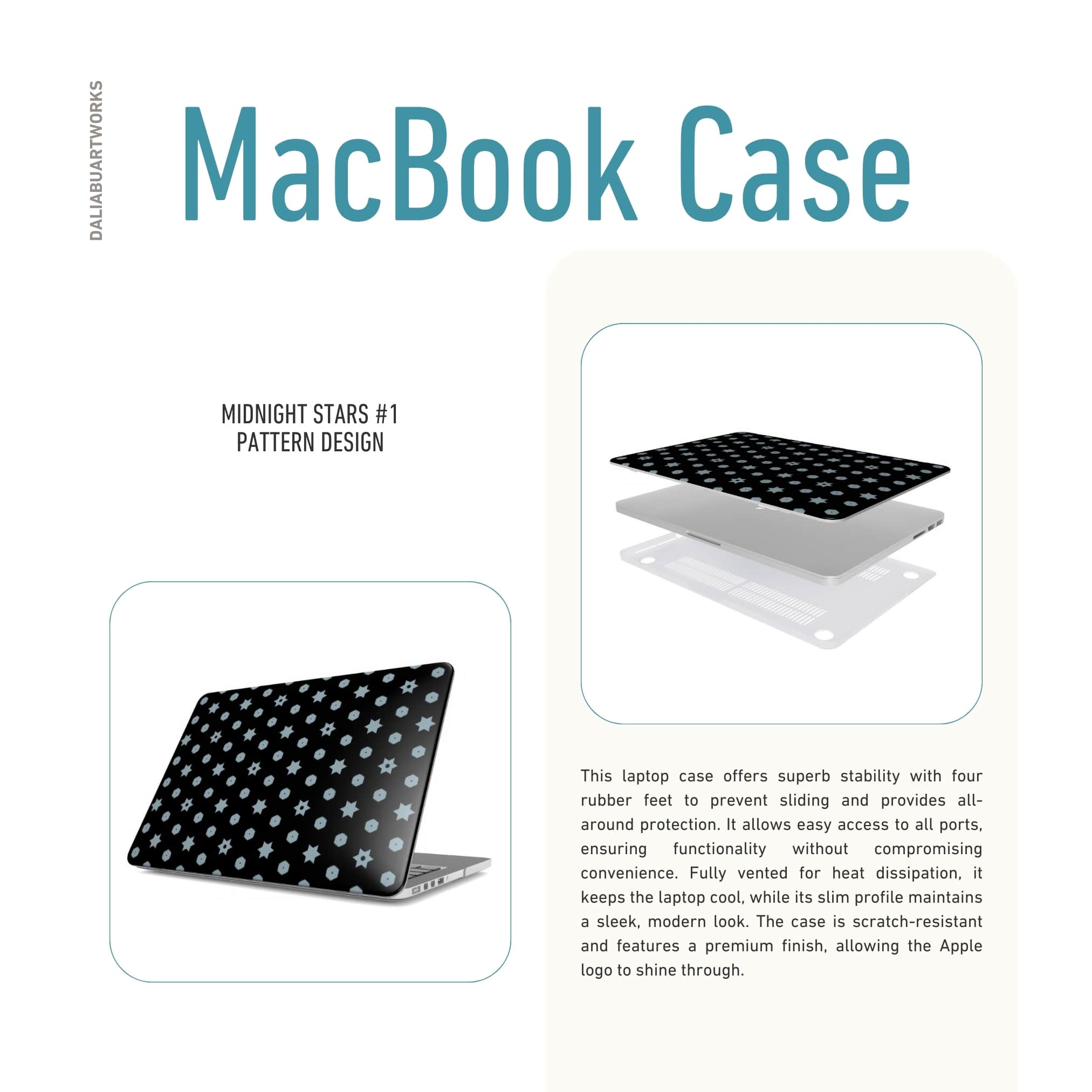 MacBook case side view; midnight stars 1 pattern, ornamental pattern; kaleidoscope pattern imagination. Details about laptop case ventilation features.