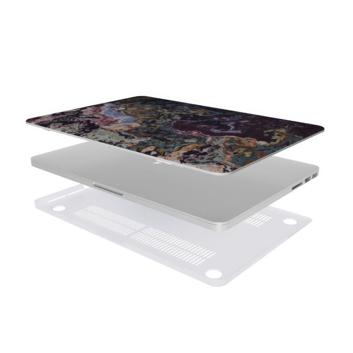 MacBook case extend view; Molten Berries Mix pattern, artistic, abstract marble pattern. Deep. purple color. Bold expressive aesthetic design. Colorful and interior fit.