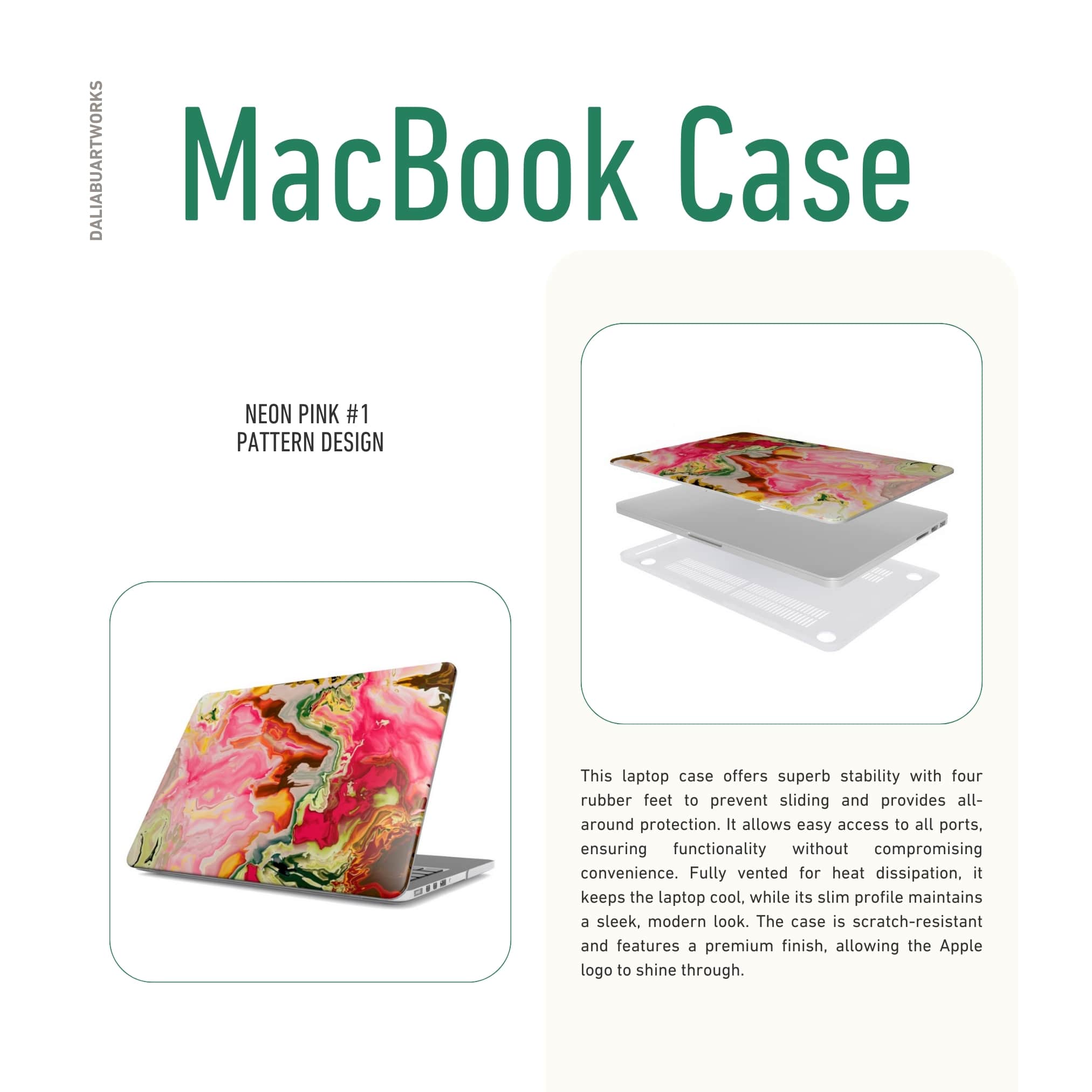 MacBook case side view; Neon Pink pattern, artistic, abstract marble pattern. Pink and green color combination. Details about laptop case ventilation features.