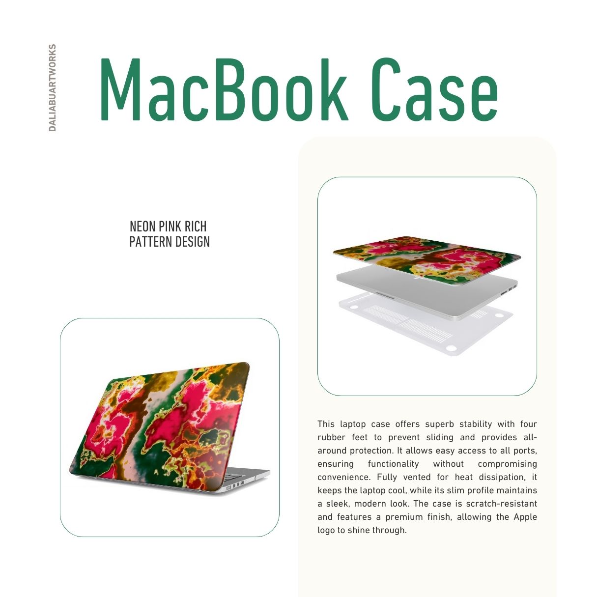 MacBook case side view; Neon Pink Rich pattern, artistic, abstract marble pattern. Pink and green color combination.