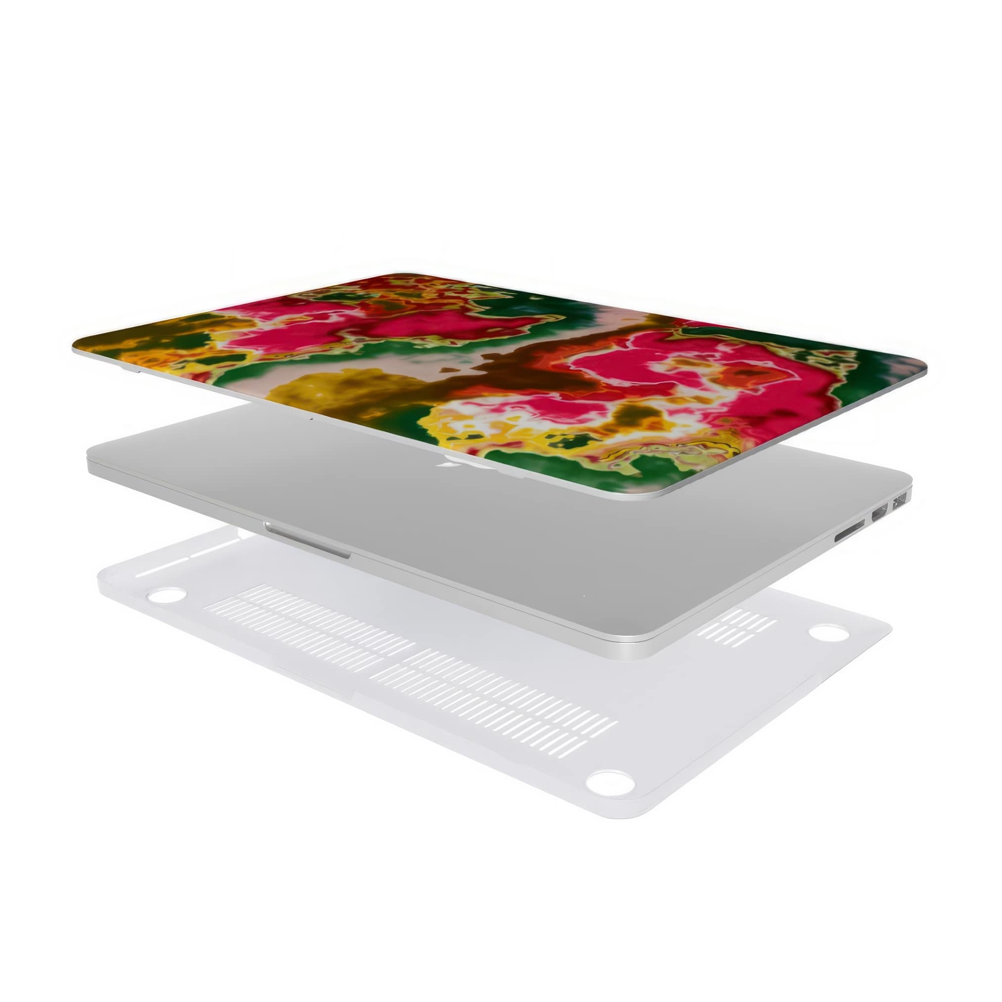 MacBook case extend view; Neon Pink Rich pattern, artistic, abstract marble pattern. Pink and green color combination.