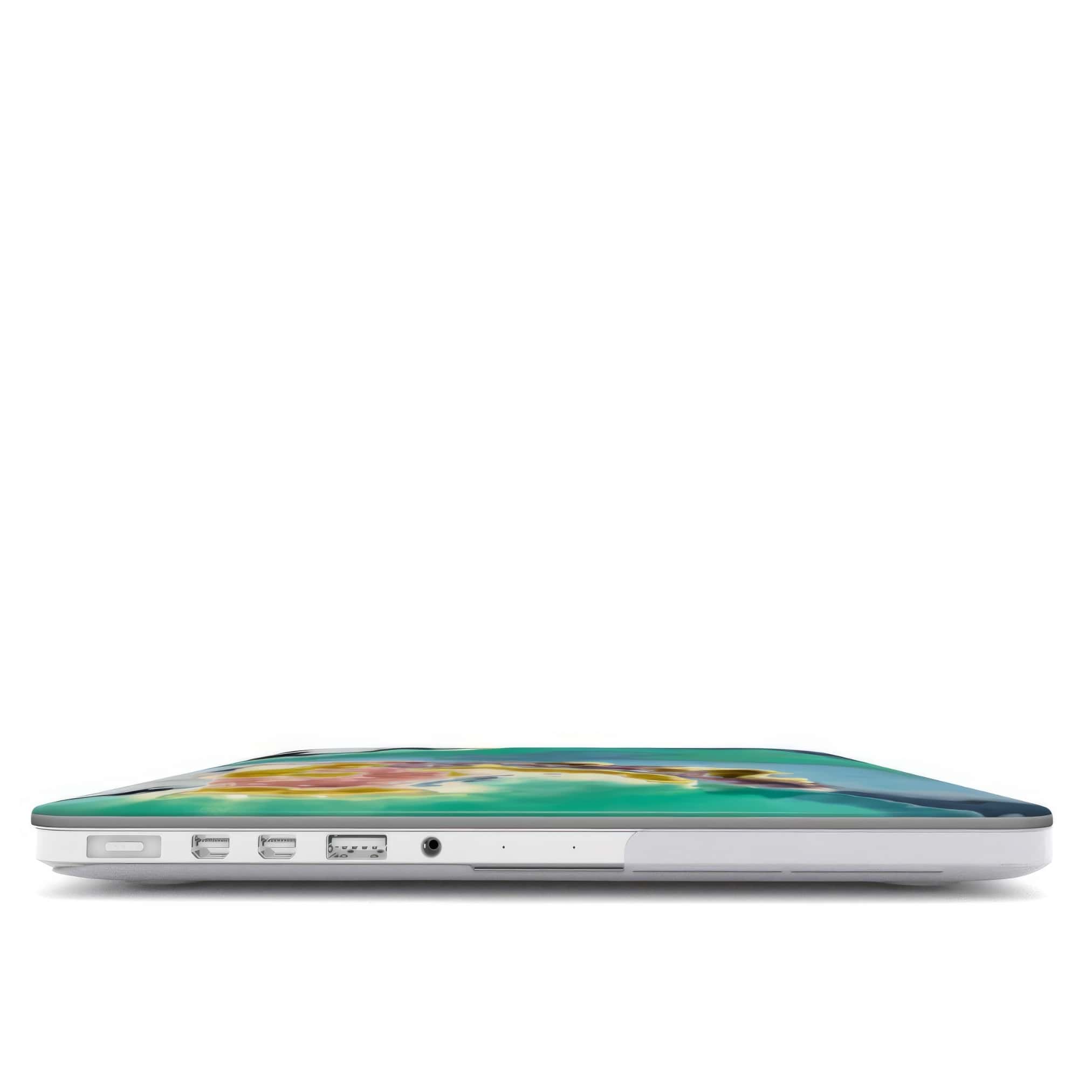 MacBook case with a bold vivid pattern Oceans Breath 1 in marble abstract and artistic style, featuring an elegant and expressive aesthetic design. Main colors are blue and green. Closed view.