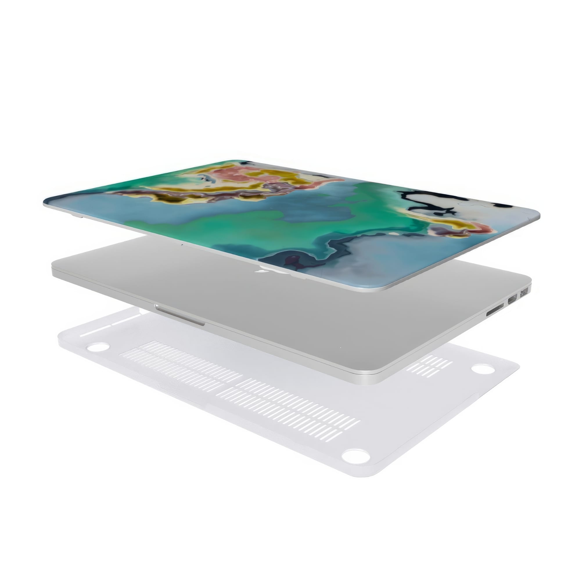 MacBook case with a bold vivid pattern Oceans Breath 1 in marble abstract and artistic style, featuring an elegant and expressive aesthetic design. Main colors are blue and green. Extend view.