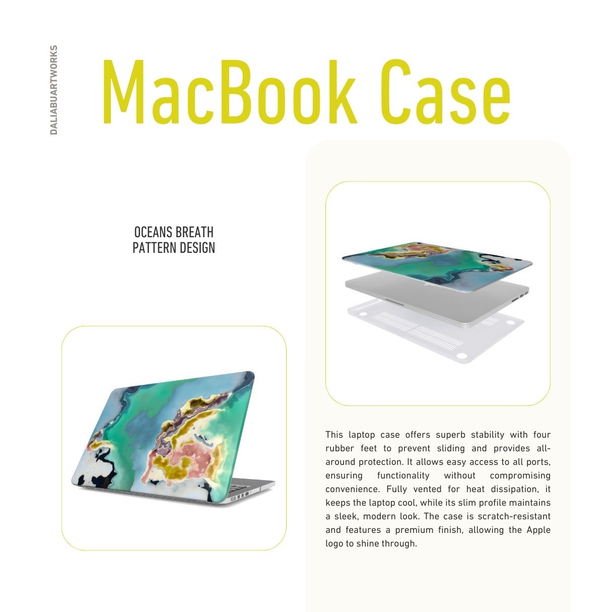 MacBook case with a bold vivid pattern Oceans Breath in marble abstract and artistic style, featuring an elegant and expressive aesthetic design. Main colors are blue and green. Description.