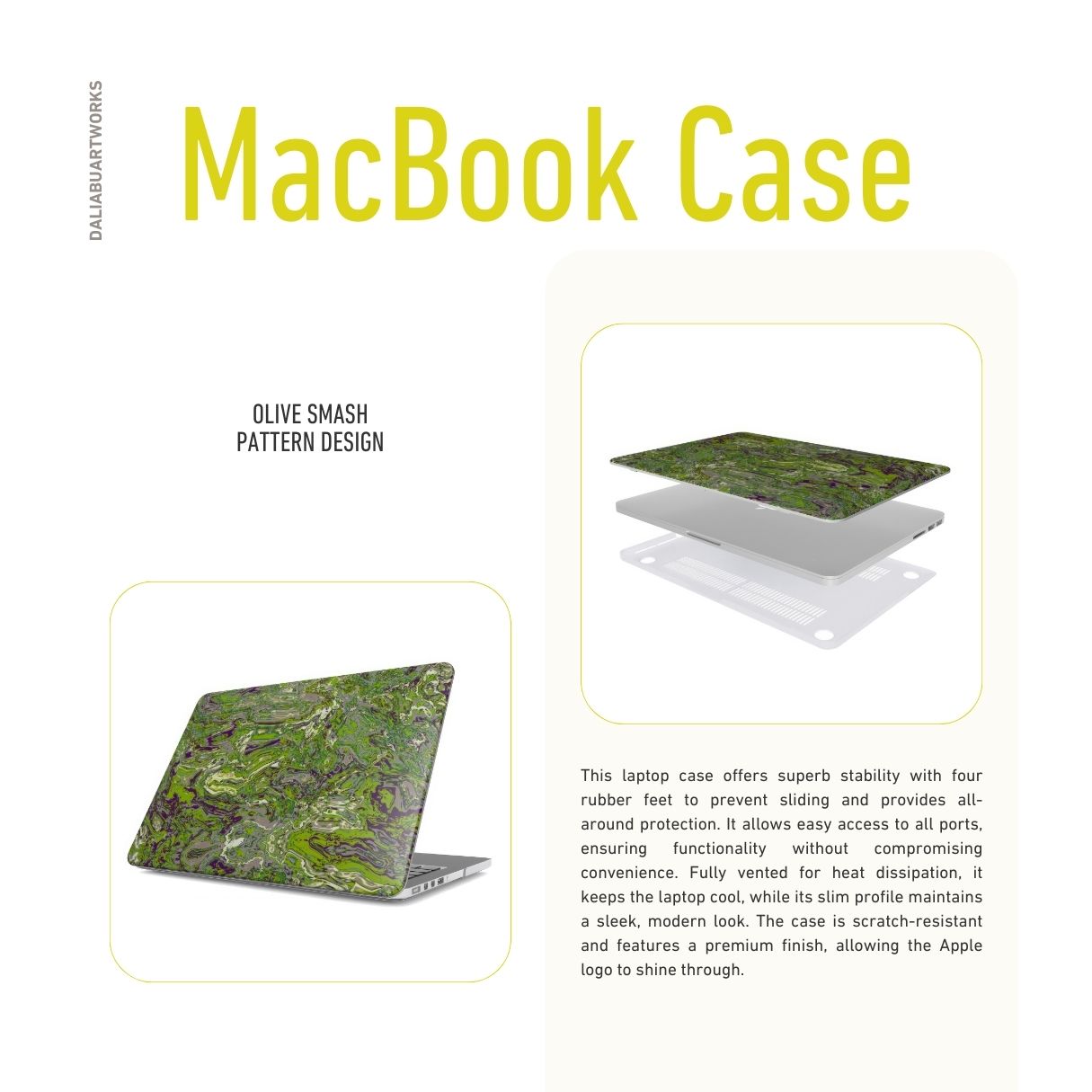 MacBook case with a bold vivid pattern Olive Smash abstract and artistic style, featuring an elegant and expressive aesthetic design. Main colors are olive green and purple hues. Description.