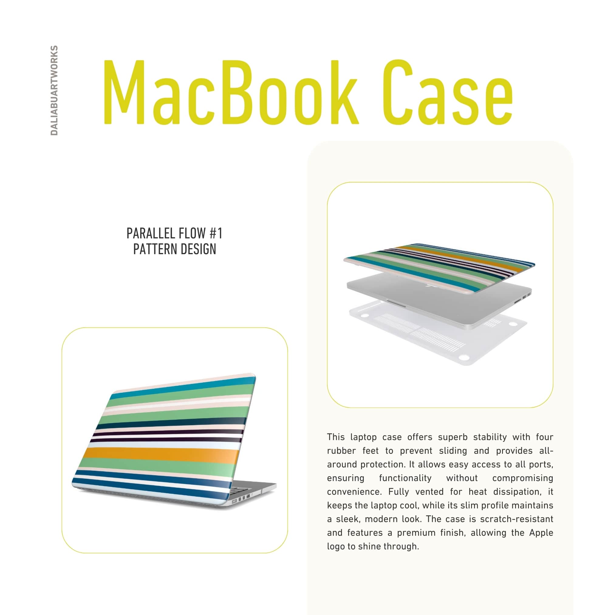 MacBook case Parallel Flow 1 pattern with tiny color stripes, featuring an elegant and expressive aesthetic design. Main colors are minty sage, powder pink, navy blue, orange. Details about laptop cover ventilation benefits.