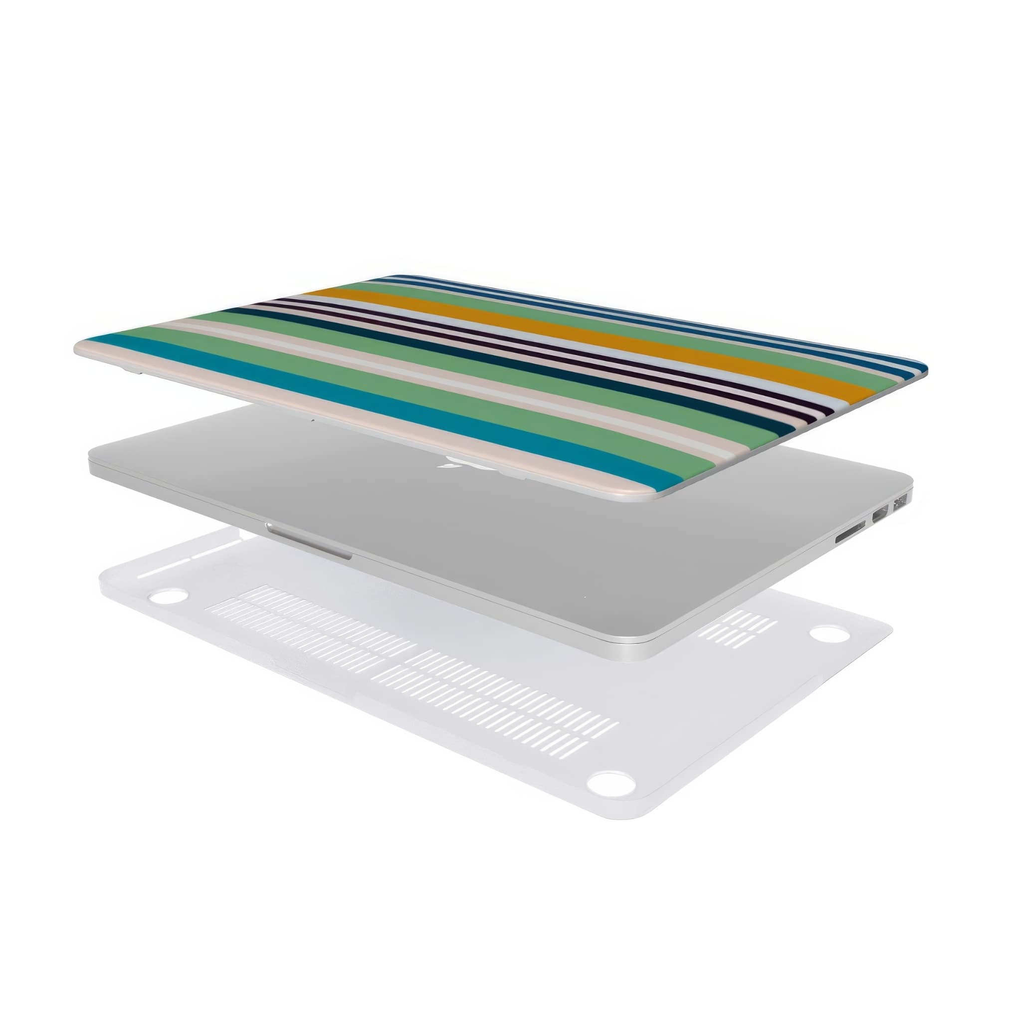 MacBook case Parallel Flow 1 pattern with tiny color stripes, featuring an elegant and expressive aesthetic design. Main colors are minty sage, powder pink, navy blue, orange. Extend view.