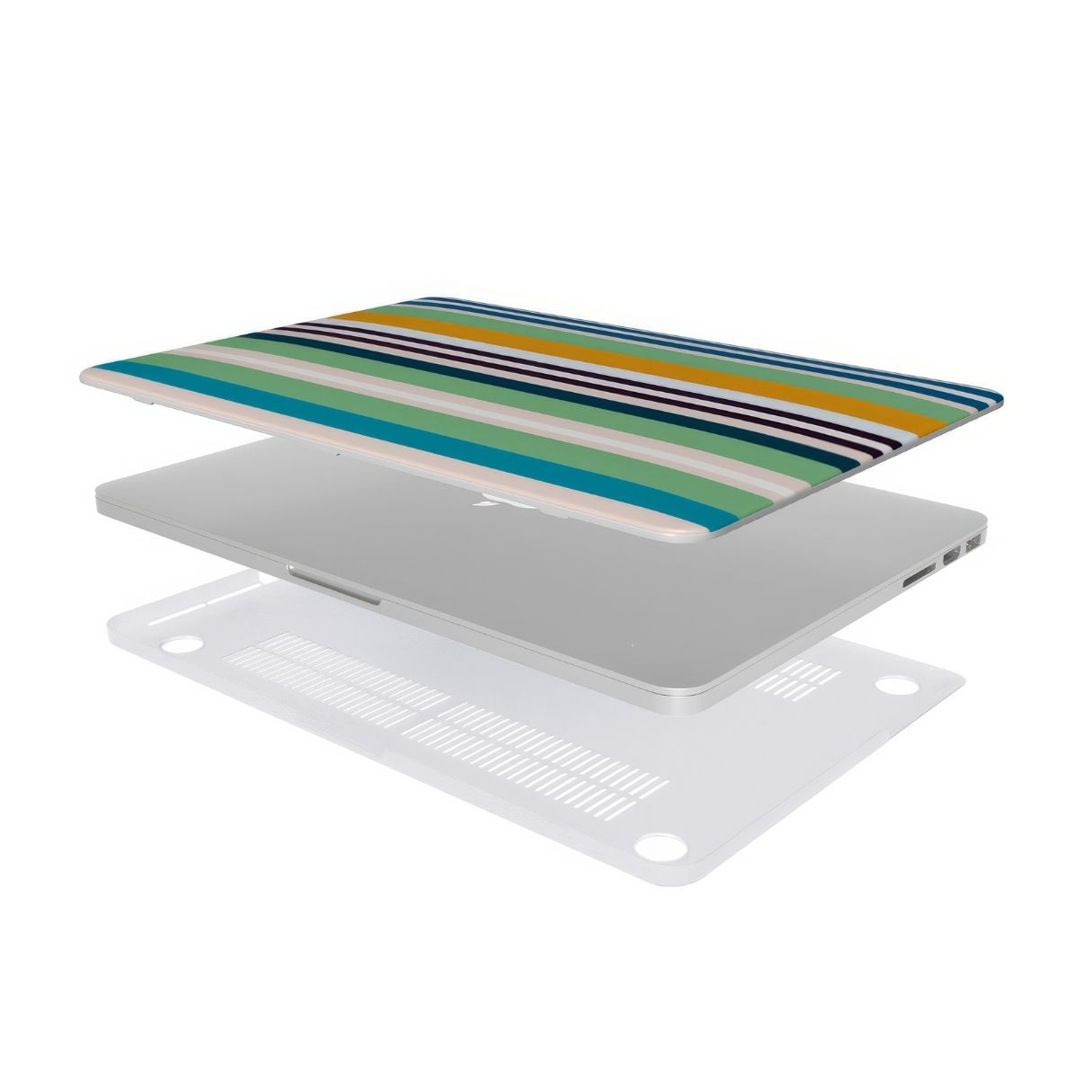 MacBook case Parallel Flow Mint pattern with tiny color stripes, featuring an elegant and expressive aesthetic design. Main colors are minty sage, powder pink, navy blue, orange. Extend view.