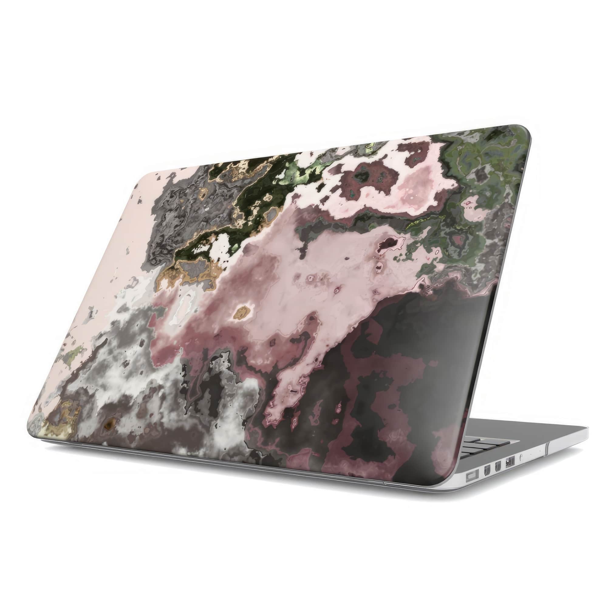 MacBook case side view; Pink Moss 1 pattern, artistic, abstract marble pattern. Pink and grey color combination. Bold expressive aesthetic design. Colorful and interior fit.