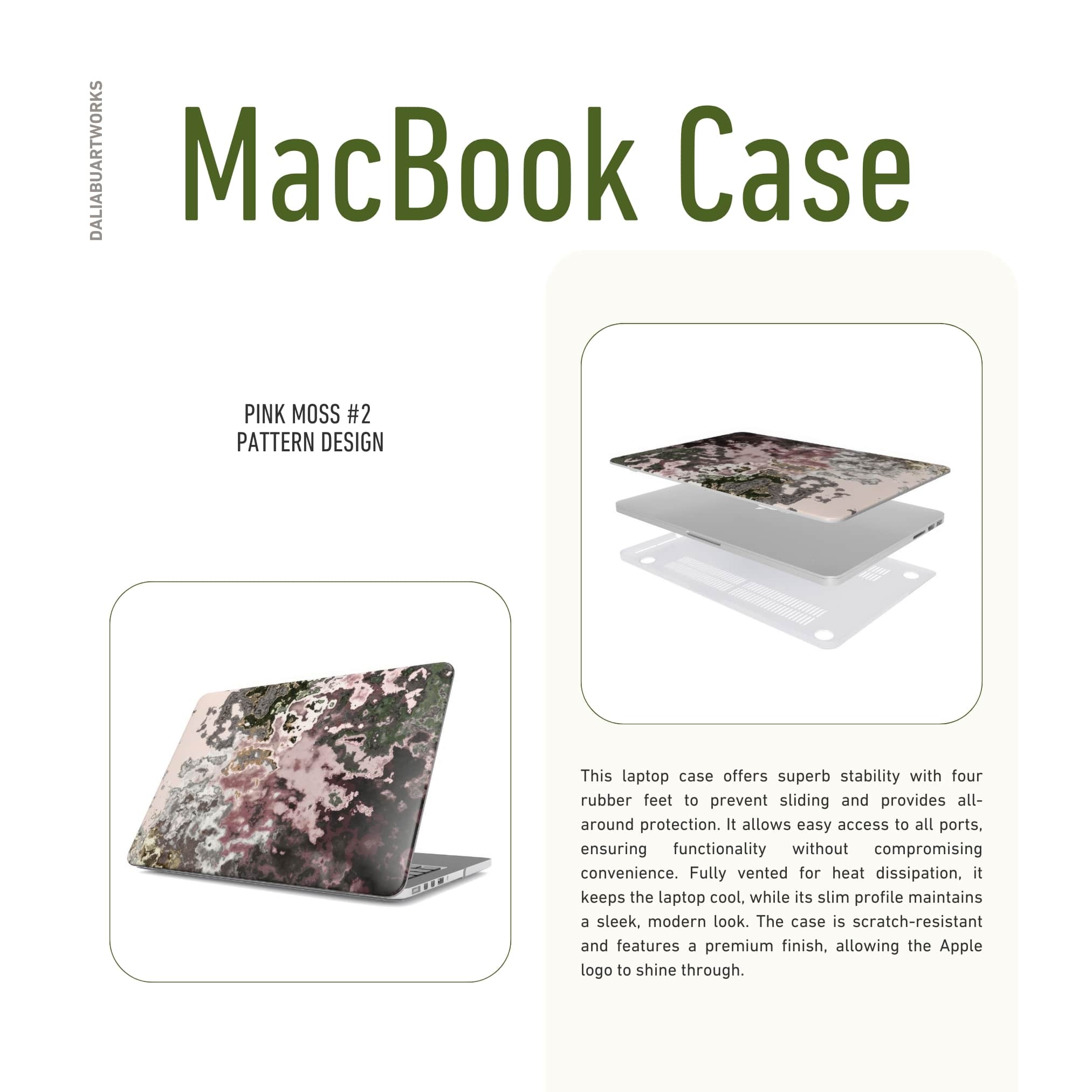 MacBook case side view; Pink Moss 2 pattern, artistic, abstract marble pattern. Pink and grey color combination.