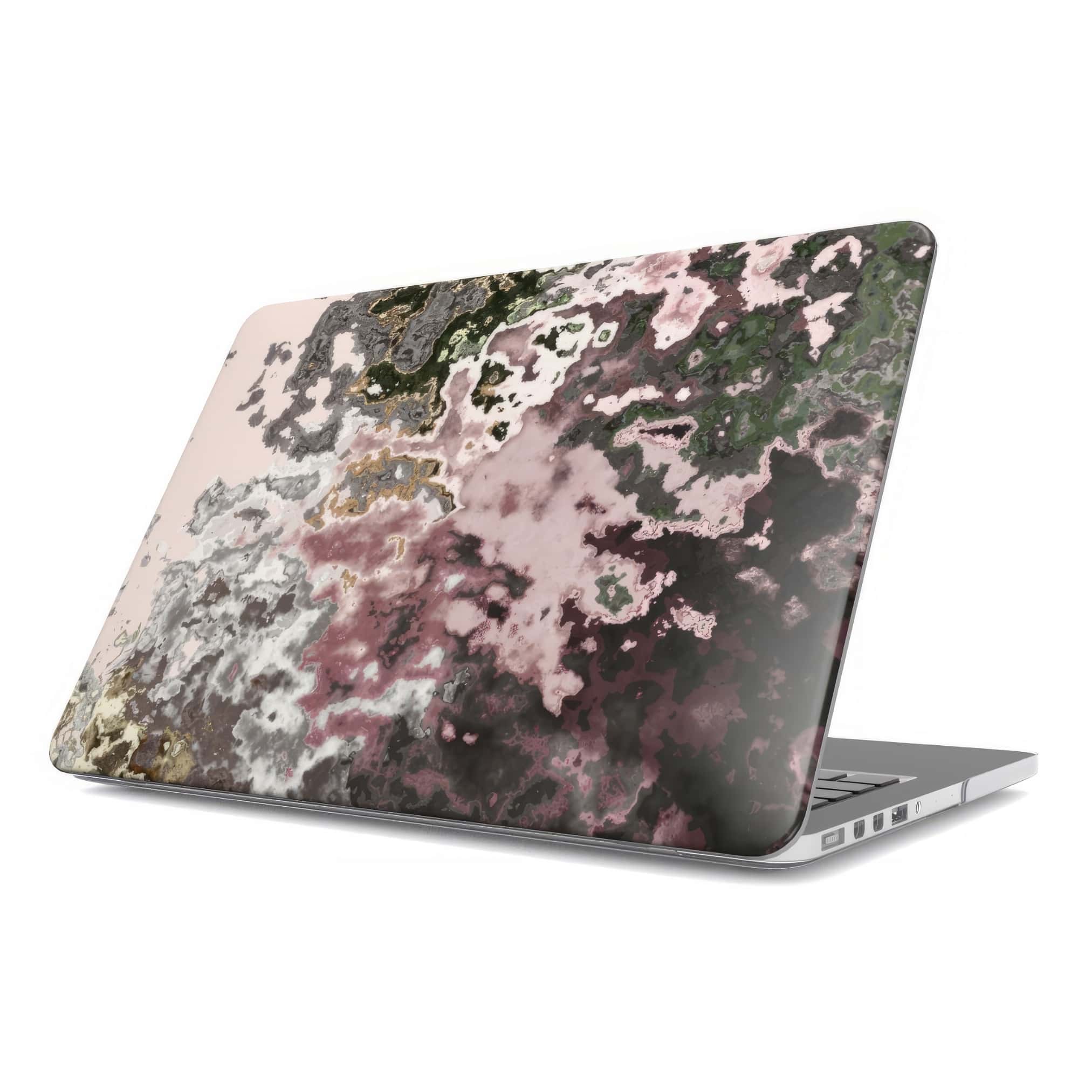 MacBook case side view; Pink Moss 2 pattern, artistic, abstract marble pattern. Pink and grey color combination. Bold expressive aesthetic design. Colorful and interior fit.