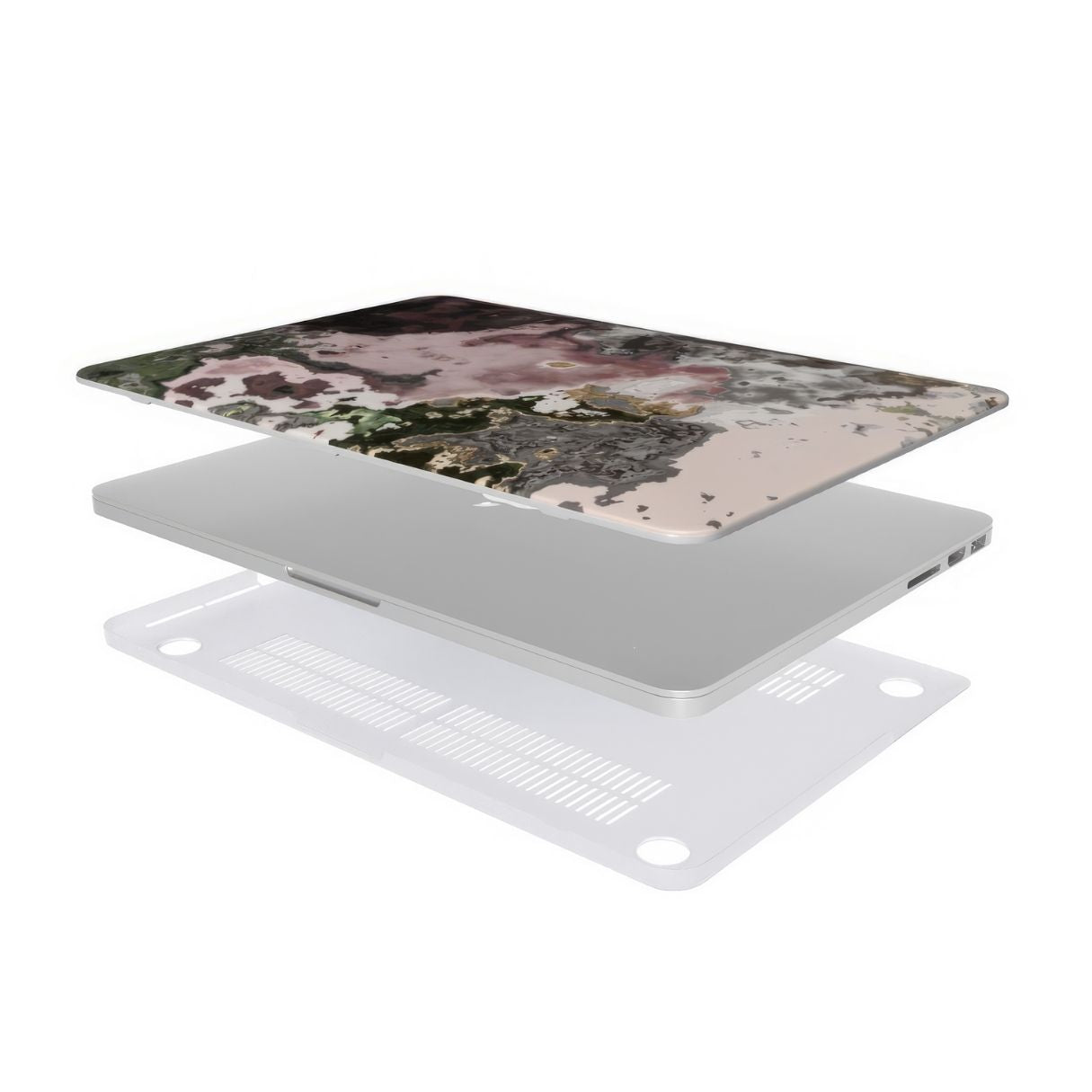 MacBook case extend view; Pink Moss pattern, artistic, abstract marble pattern. Pink and grey color combination.
