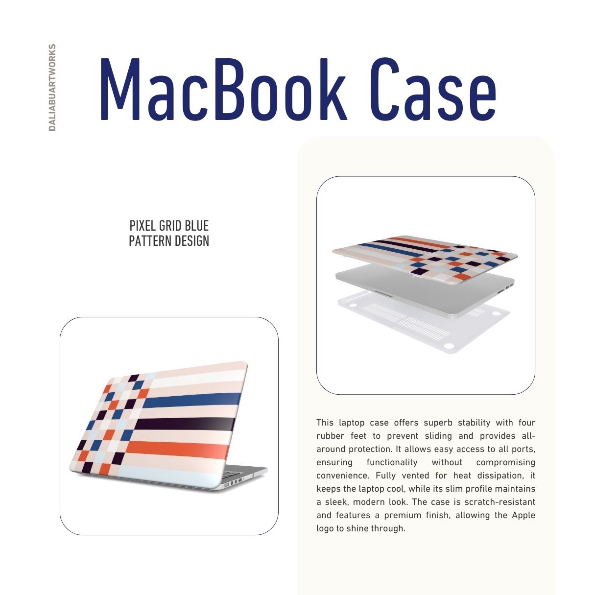 MacBook case Pixel Grid Blue pattern design with a bold color blocks in pixel and stripes modern style, featuring an elegant and expressive aesthetic design. Main colors are pink, navy, orange red and light sky blue. Details about laptop cover ventilation features.