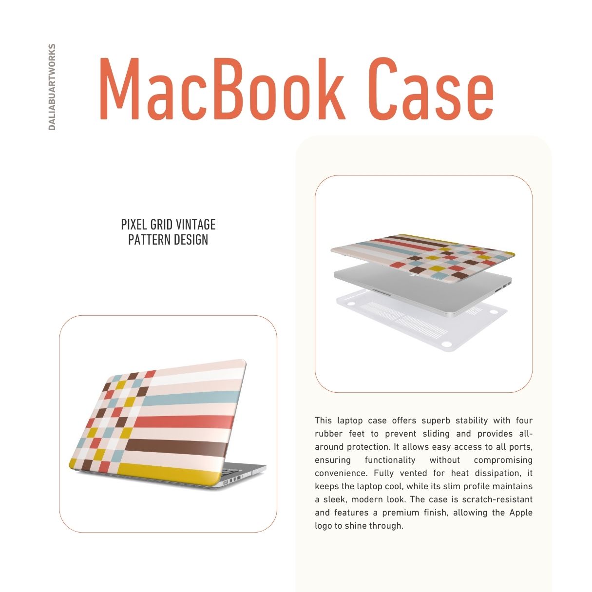 MacBook case Pixel Grid Vintage pattern design with a bold color blocks in pixel and stripes modern style, featuring an elegant and expressive aesthetic design. Main colors are pastel with pink, brown, muted red and light sky blue. Laptop cover ventilation features.