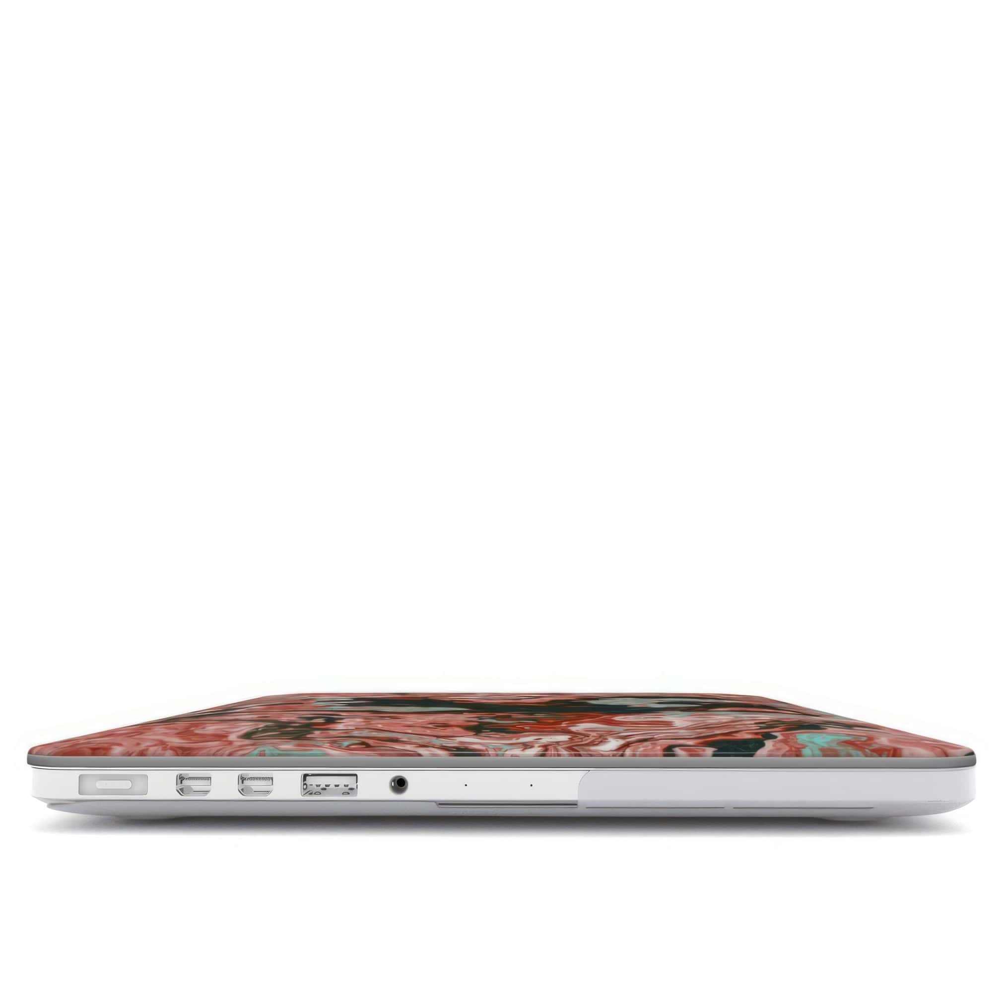 MacBook case closed view; Red Coffee 1 pattern, artistic, abstract marble pattern. Red and light blue color combination.