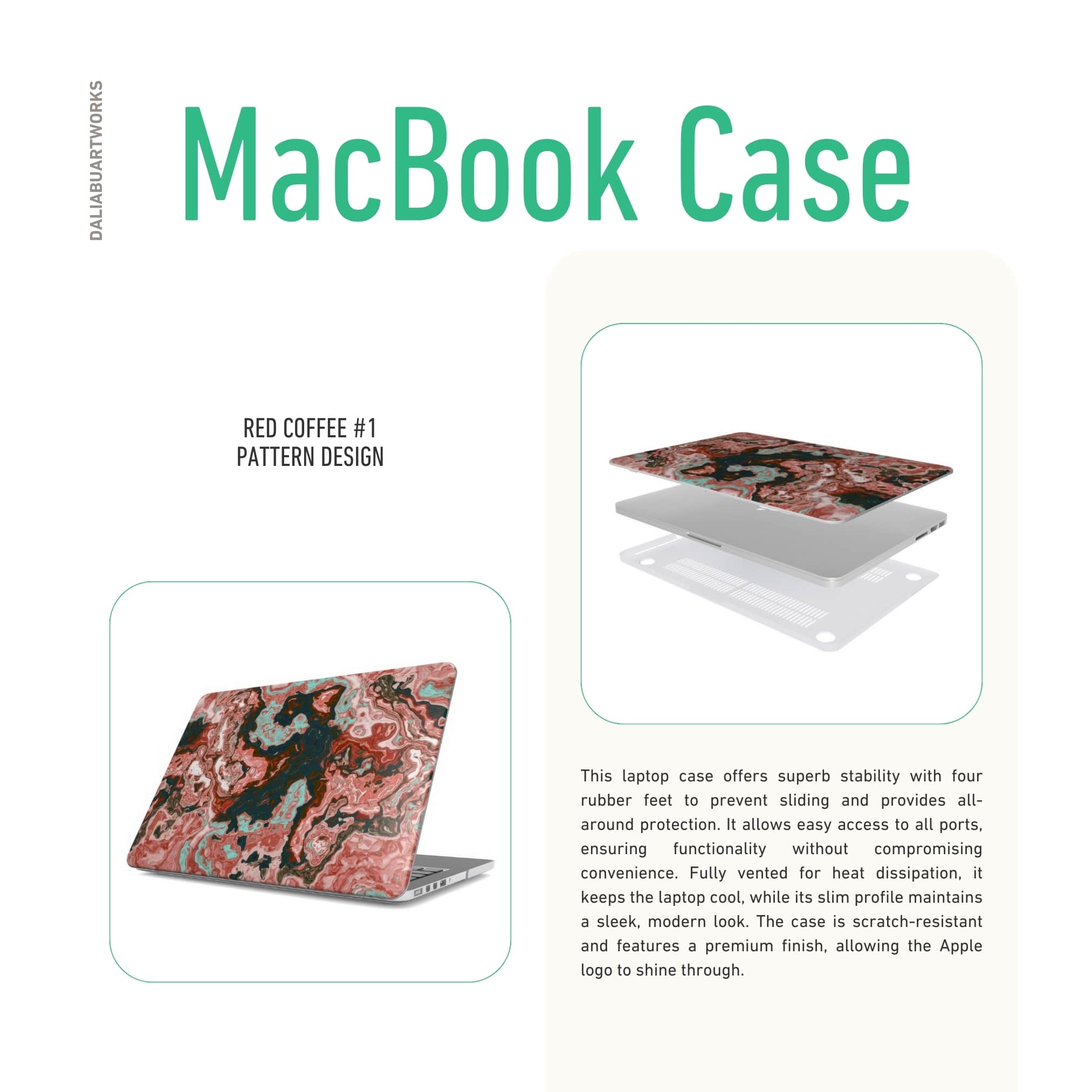 MacBook case side view; Red Coffee 1 pattern, artistic, abstract marble pattern. Red and light blue color combination.