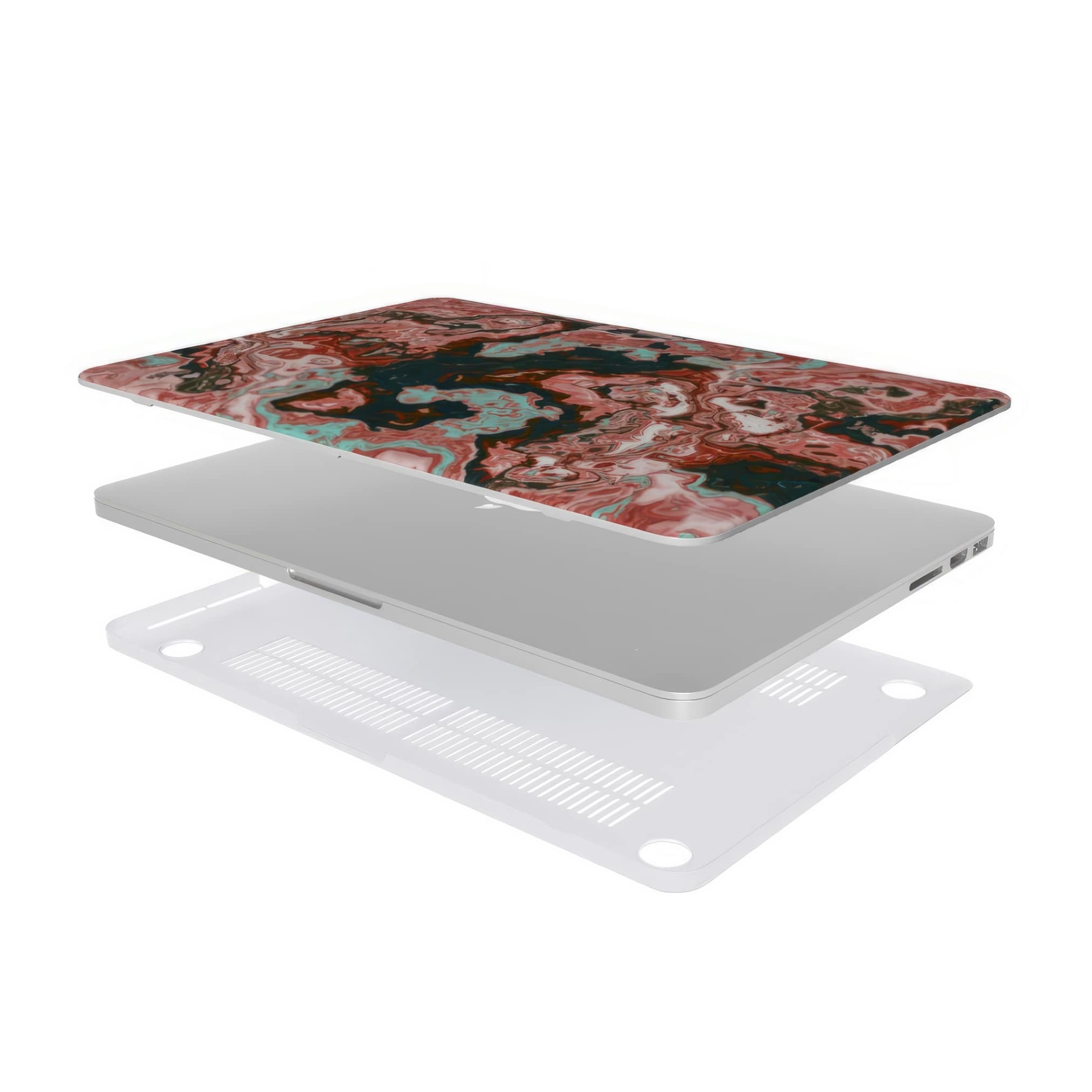 MacBook case extend view; Red Coffee 1 pattern, artistic, abstract marble pattern. Red and light blue color combination.