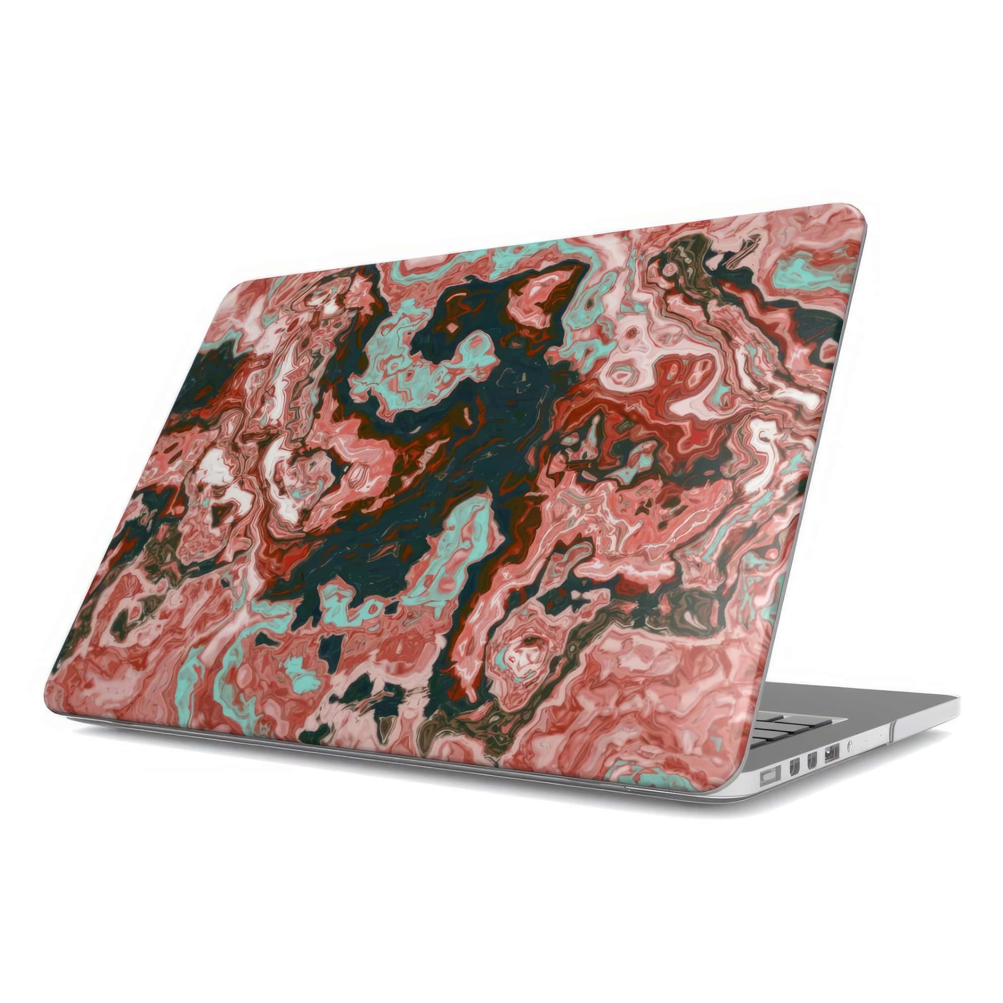 MacBook case side view; Red Coffee 1 pattern, artistic, abstract marble pattern. Red and light blue color combination. Bold expressive aesthetic design. Colorful and interior fit.