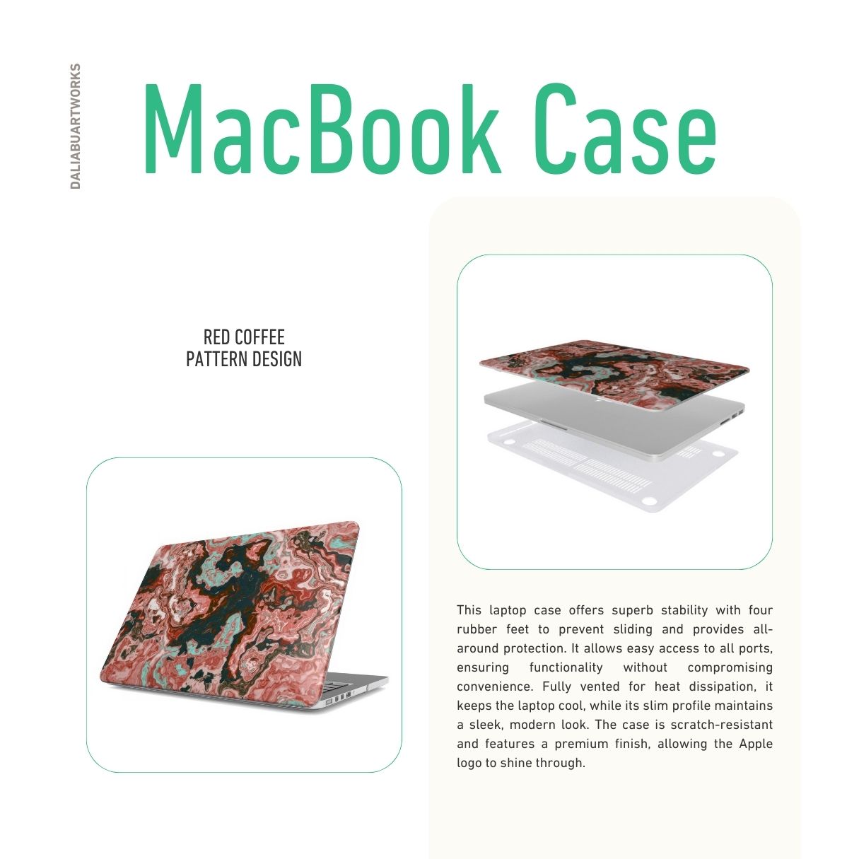 MacBook case side view; Red Coffee pattern, artistic, abstract marble pattern. Red and light blue color combination.