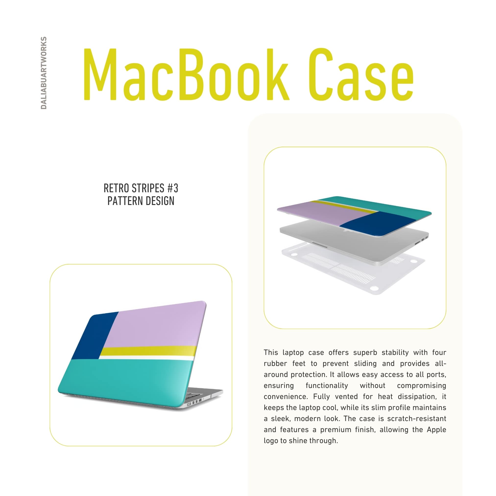 retro Stripes 3 pattern design MacBook case and it's ventilation features.