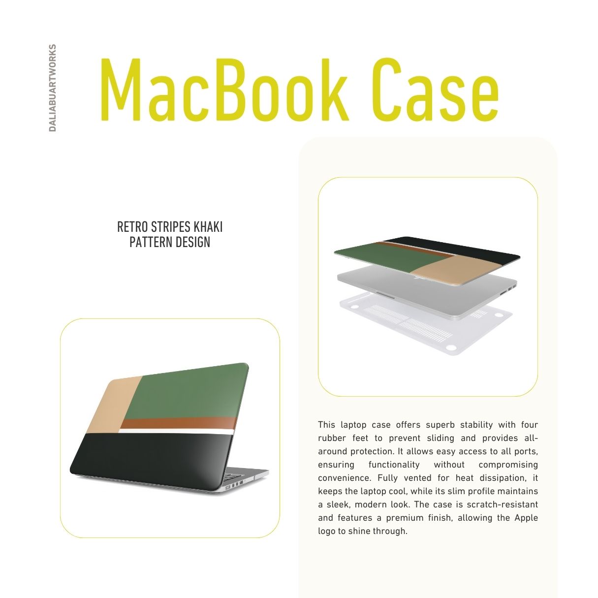 MacBook case Retro Stripes Khaki pattern design with a bold color blocks in vintage, mid century modern style, featuring an elegant and expressive aesthetic design. Main colors are khaki, dark green, brown and cappuccino. Details about laptop cover ventilation features.