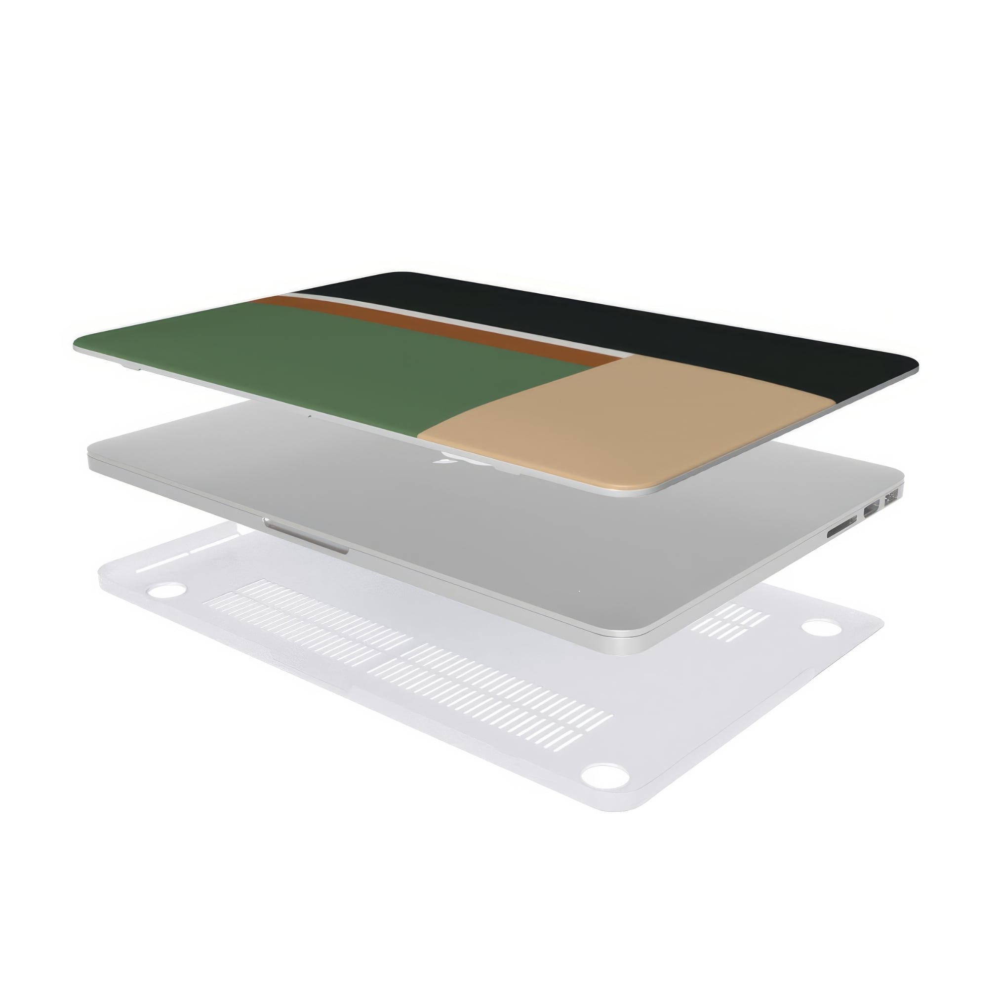 MacBook case Retro Stripes Khaki pattern design with a bold color blocks in vintage, mid century modern style, featuring an elegant and expressive aesthetic design. Main colors are khaki, dark green, brown and cappuccino. Extend view.