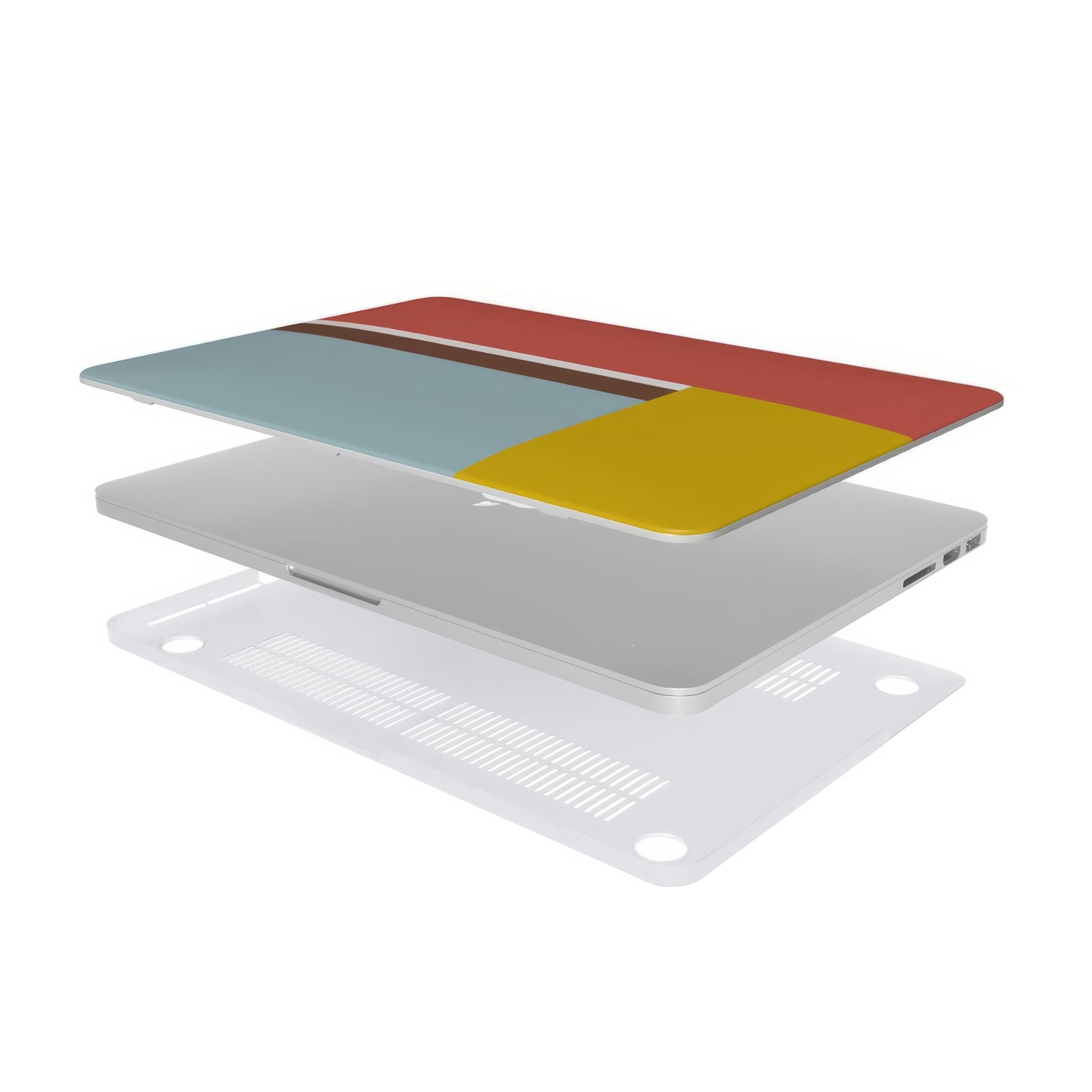 MacBook case Retro Stripes Red pattern design with a bold color blocks in vintage, mid century modern style, featuring an elegant and expressive aesthetic design. Main colors are yellow, muted red and light blue. Extend view.