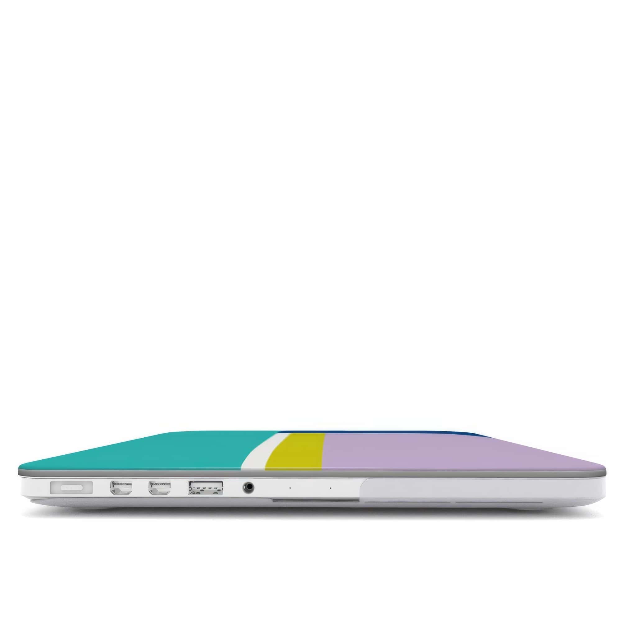 MacBook case Retro Stripes Teal pattern design with a bold color blocks in vintage, mid century modern style, featuring an elegant and expressive aesthetic design. Main colors are navy blue, teal green, lilac and yellow. Extend view. Closed view.