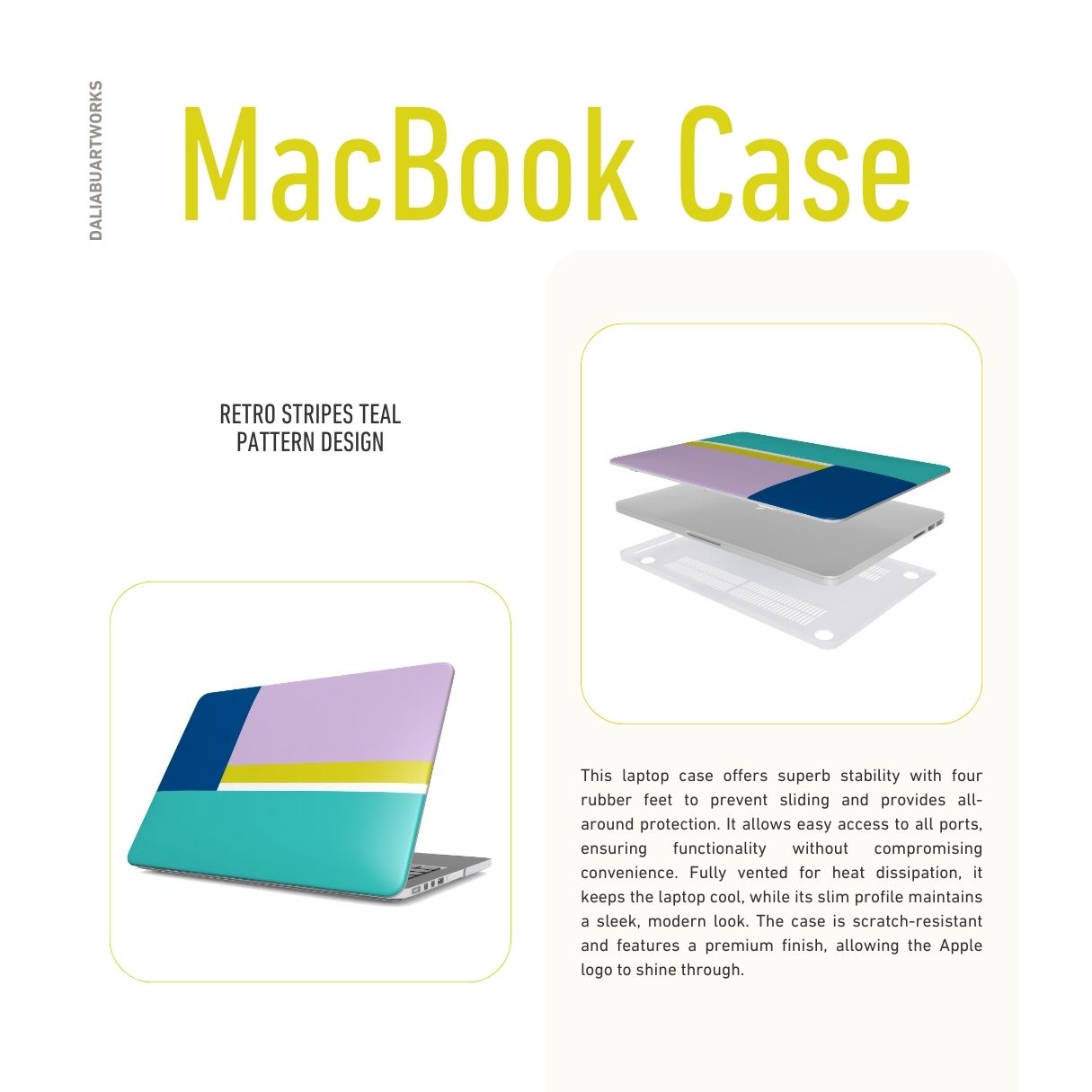Retro Stripes Teal pattern design MacBook case and it's ventilation features.