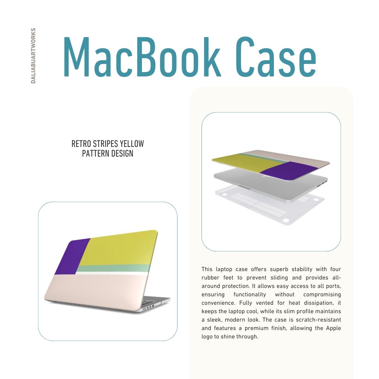 MacBook case Retro Stripes Yellow pattern design with a bold color blocks in vintage, mid century modern style, featuring an elegant and expressive aesthetic design. Main colors are mustard yellow, purple and light pink. Front view and laptop cover ventilation features.