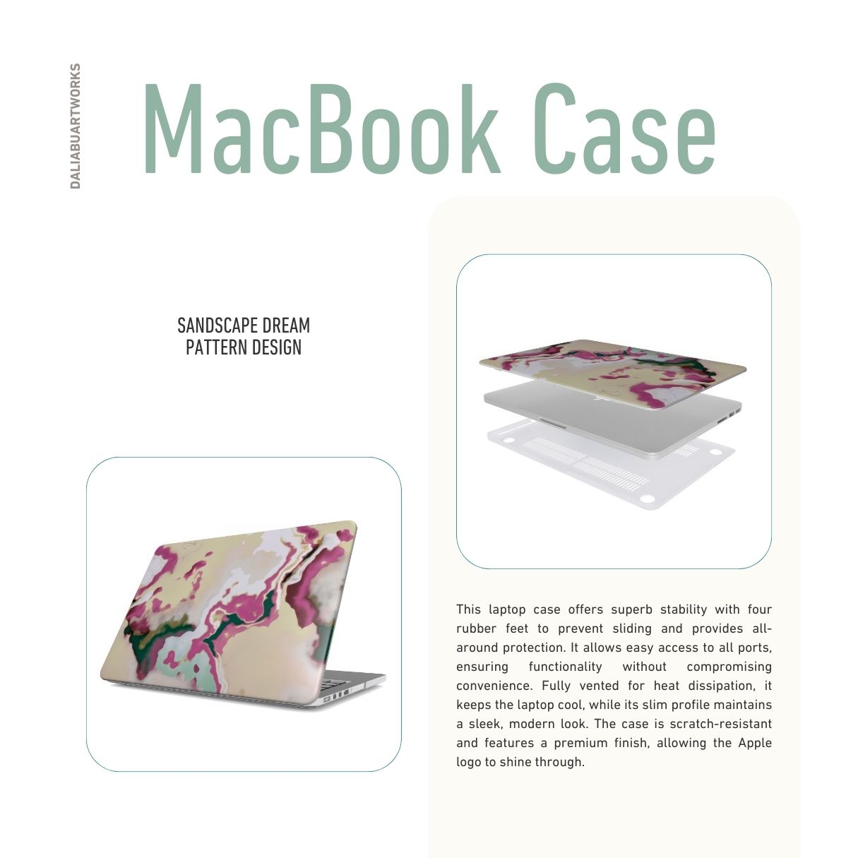 MacBook case side view; Sandscape Dream pattern, artistic, abstract marble pattern. Beige and purple color combination.